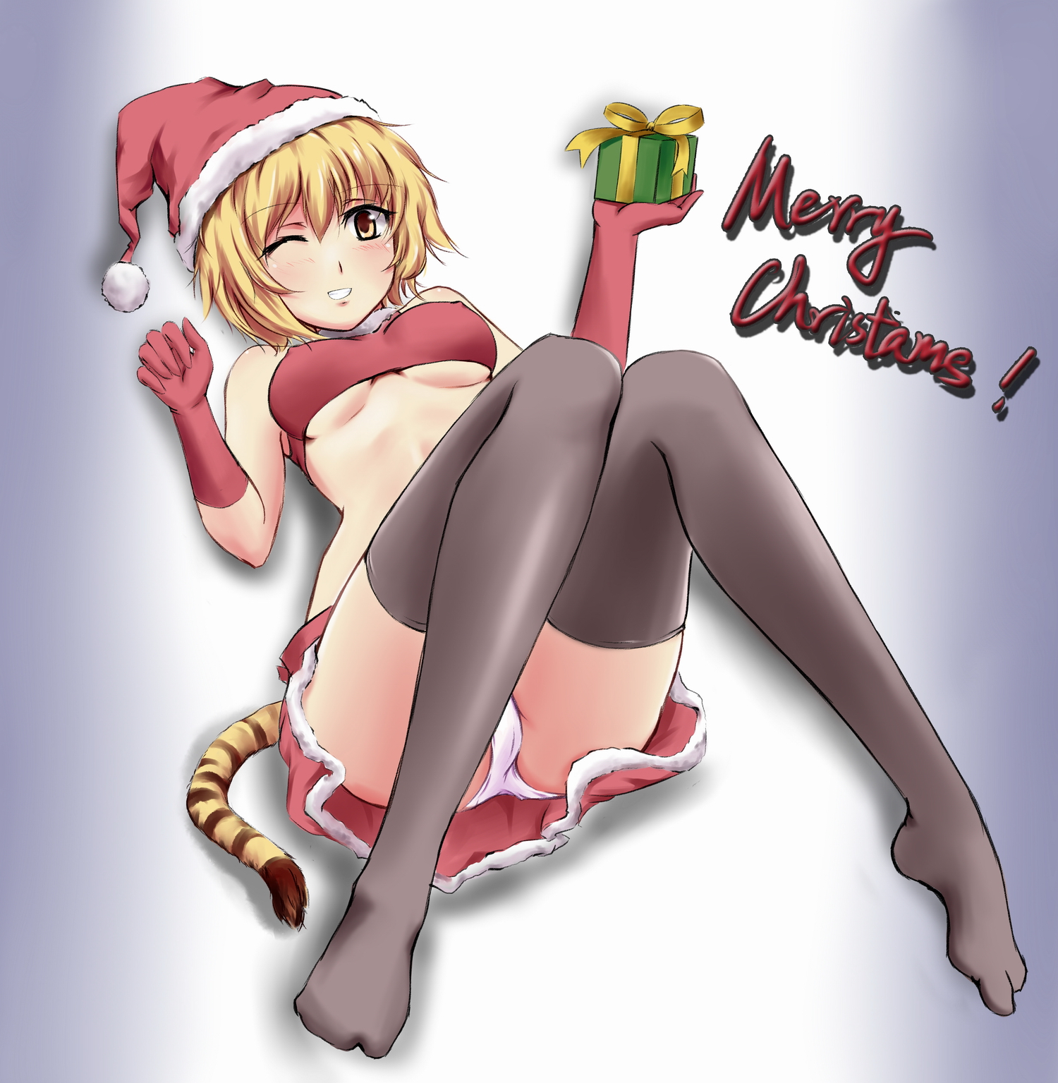fangdan runiu, toramaru shou, touhou, bad id, bad pixiv id, highres, 1girl, blonde hair, breasts, christmas, female focus, kemonomimi mode, legs, panties, santa costume, short hair, solo, tail, thighhighs, tiger tail, underboob, underwear, yellow eyes