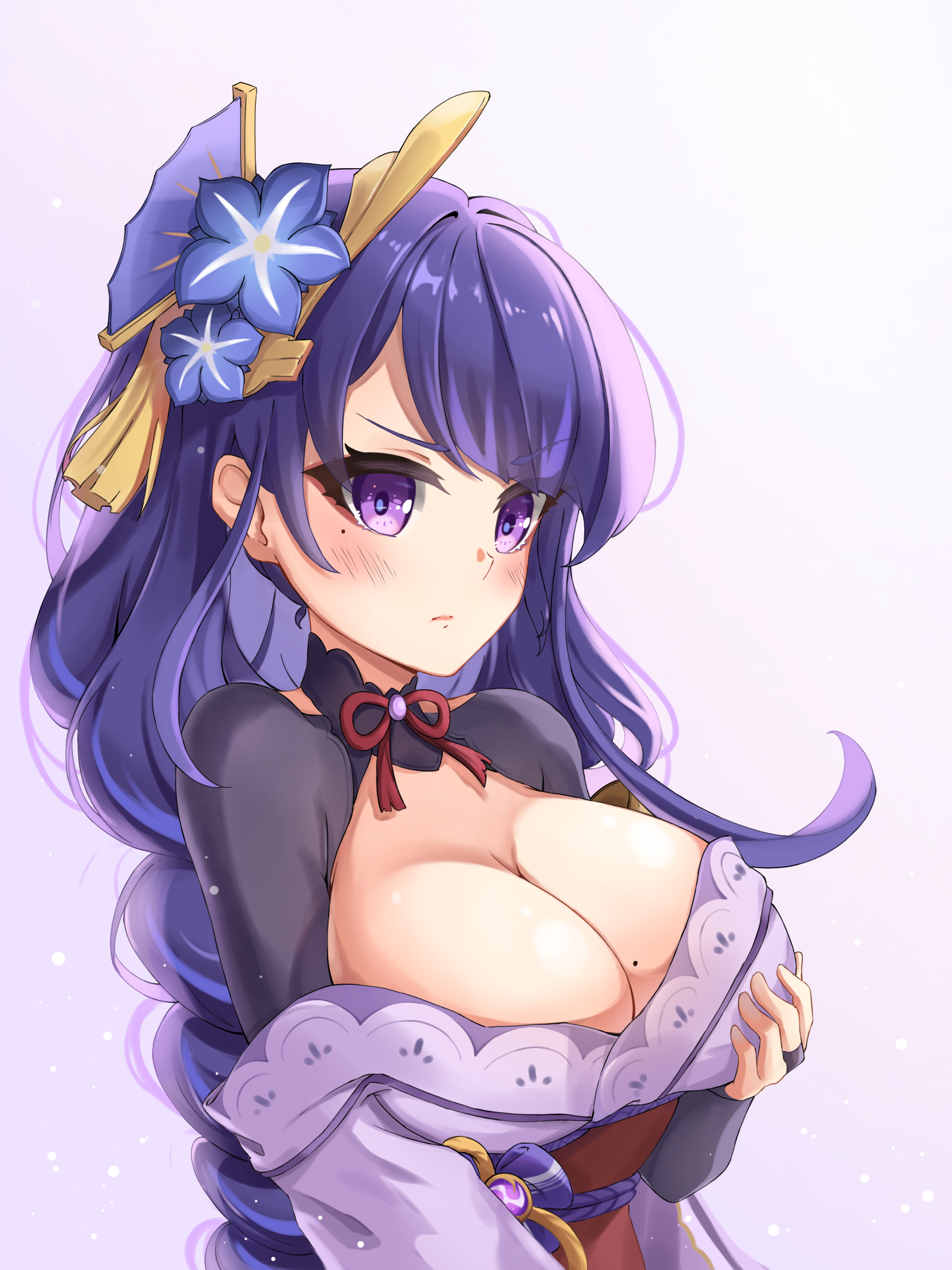 masamune (rasyid.khan.965), raiden shogun, genshin impact, absurdres, commentary, english commentary, highres, 1girl, armor, blue pupils, blunt bangs, blush, braid, breasts, bridal gauntlets, cleavage, clothing cutout, fan hair ornament, glowing, gradient background, huge breasts, japanese clothes, kimono, long braid, mole, mole on breast, mole under eye, multicolored eyes, neck ribbon, off shoulder, open mouth, purple background, purple eyes, purple hair, purple kimono, red ribbon, red sash, ribbon, sash, shoulder armor, shoulder cutout, single braid, solo, standing, upper body, wide sleeves