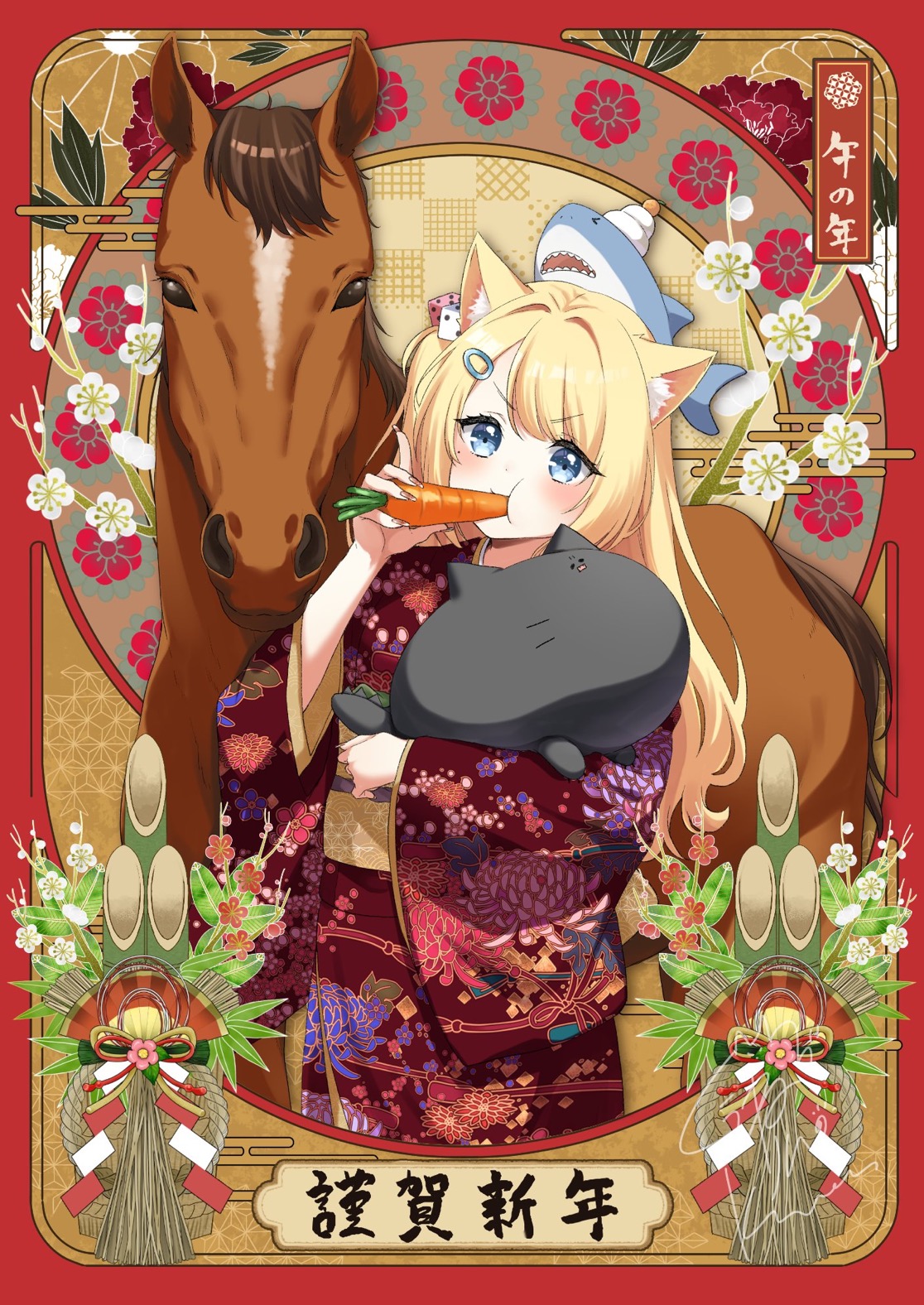 kuune rin, original, commentary request, highres, 1girl, 2026, animal, animal ears, animal on head, black cat, blonde hair, blue eyes, blush, carrot, cat, cat ears, chinese zodiac, dice hair ornament, egasumi, floral print, food, hair ornament, holding, holding food, japanese clothes, kadomatsu, kagami mochi, kimono, long hair, long sleeves, looking at viewer, new year, obi, on head, one side up, print kimono, red kimono, sash, shark, solo, v-shaped eyebrows, very long hair, wide sleeves, year of the horse