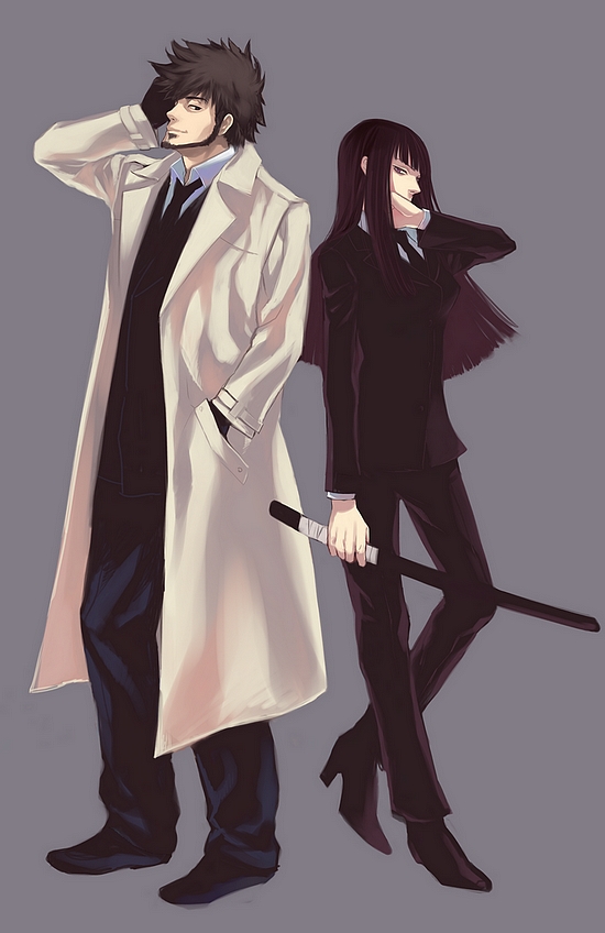 karaage (sweet), hazuki mina (darker than black), shizume genma, darker than black, bad id, bad pixiv id, 00s, 1boy, 1girl, black hair, formal clothes, long hair, pant suit, pants, short hair, suit, weapon