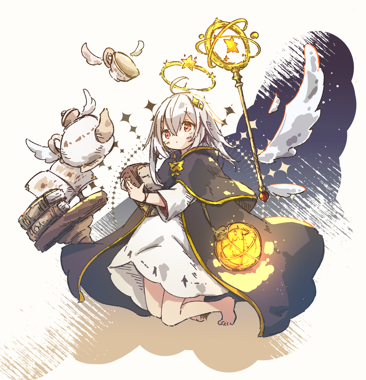 chipie 0114, original, commentary request, highres, 1girl, angel, angel wings, barefoot, black cloak, book, book stack, cloak, cup, dress, full body, halo, holding, holding book, solo, teacup, teapot, traditional halo, white dress, white hair, wings