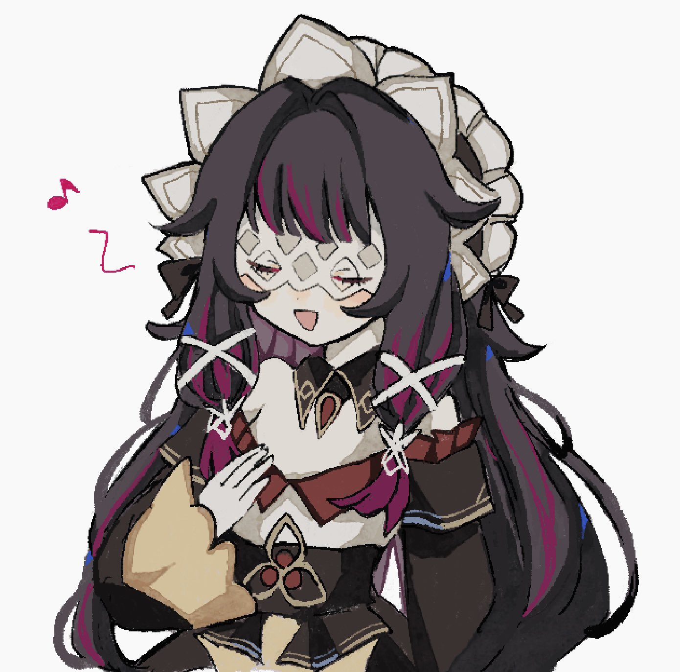 tori26, columbina (genshin impact), sandrone (genshin impact), genshin impact, highres, 1girl, black hair, closed eyes, cosplay, dress, eye mask, facing viewer, hand on own chest, long hair, maid headdress, mask, multicolored hair, music, musical note, open mouth, purple hair, sandrone (genshin impact) (cosplay), simple background, singing, solo, spoken musical note, streaked hair, white background