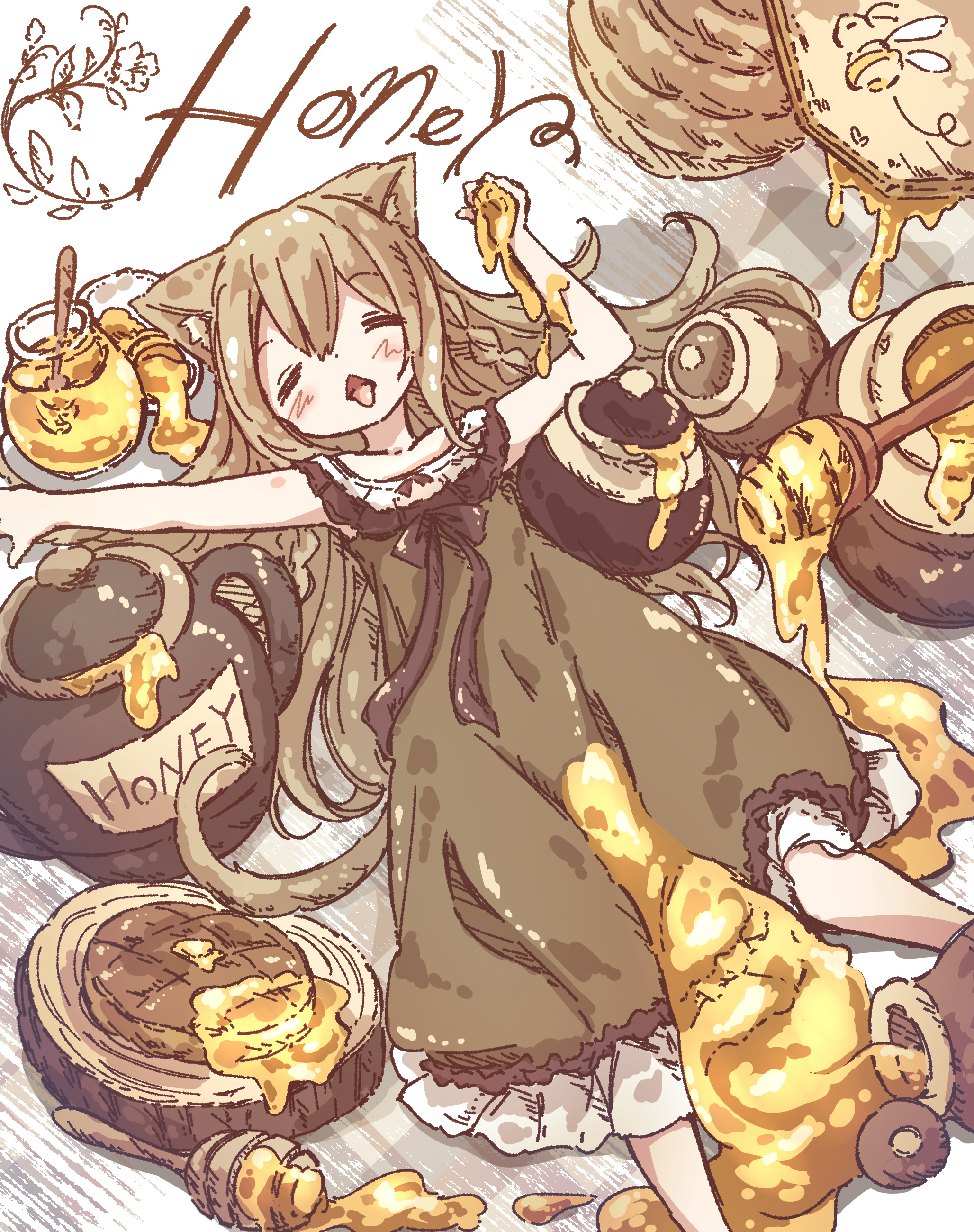 chipie 0114, original, absurdres, commentary request, highres, 1girl, animal ears, brown dress, brown hair, cat ears, cat girl, closed eyes, dress, frilled dress, frills, honey, honey dipper, honeypot, long hair, lying, on back, open mouth, solo