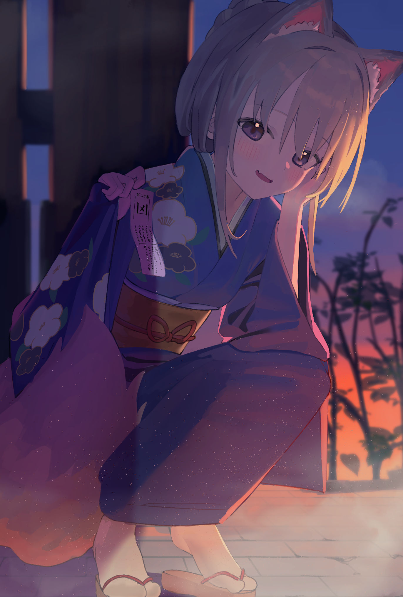 idemitsu, original, commentary request, highres, 1girl, animal ear fluff, animal ears, blue kimono, blush, braid, brown sandals, fang, floral print, fox ears, fox girl, fox tail, grey eyes, grey hair, japanese clothes, kimono, long sleeves, looking at viewer, parted lips, pinching sleeves, print kimono, sandals, sleeves past wrists, socks, solo, squatting, sunset, tabi, tail, white socks, wide sleeves, zouri