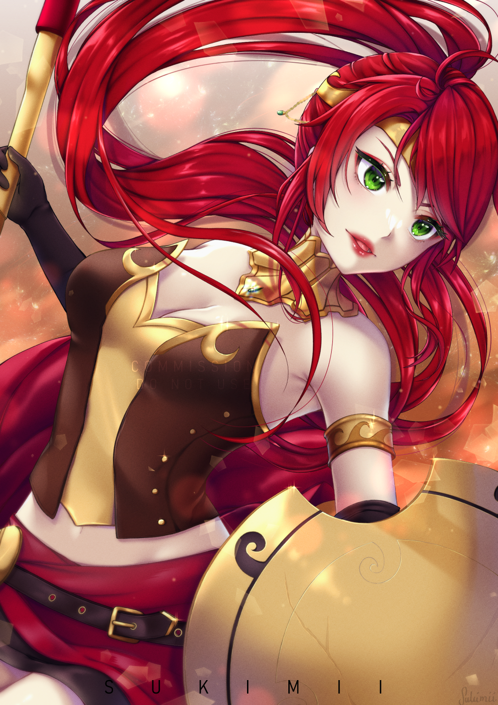 sukimii art, pyrrha nikos, rwby, clip studio paint (medium), clothing request, commentary, english commentary, highres, 1girl, arm shield, armband, armpit crease, artist name, belt, black belt, black gloves, black skirt, breasts, cleavage, colored eyelashes, cowboy shot, elbow gloves, eyelashes, glint, gloves, gold armband, green eyes, holding, holding polearm, holding shield, holding weapon, large breasts, layered skirt, lips, long hair, looking ahead, microskirt, midriff peek, miniskirt, navel, parted lips, polearm, ponytail, red eyes, red hair, red lips, red skirt, shield, skirt, solo, spear, tongue, v-shaped eyebrows, watermark, weapon