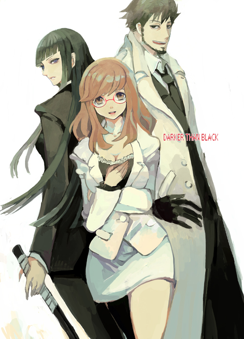 migratory tori, hazuki mina (darker than black), sawasaki youko, shizume genma, darker than black, bad id, bad pixiv id, 00s, 1boy, 2girls, black hair, breasts, brown hair, cleavage, formal clothes, glasses, long hair, looking back, multiple girls, pant suit, pants, pantyhose, suit, weapon