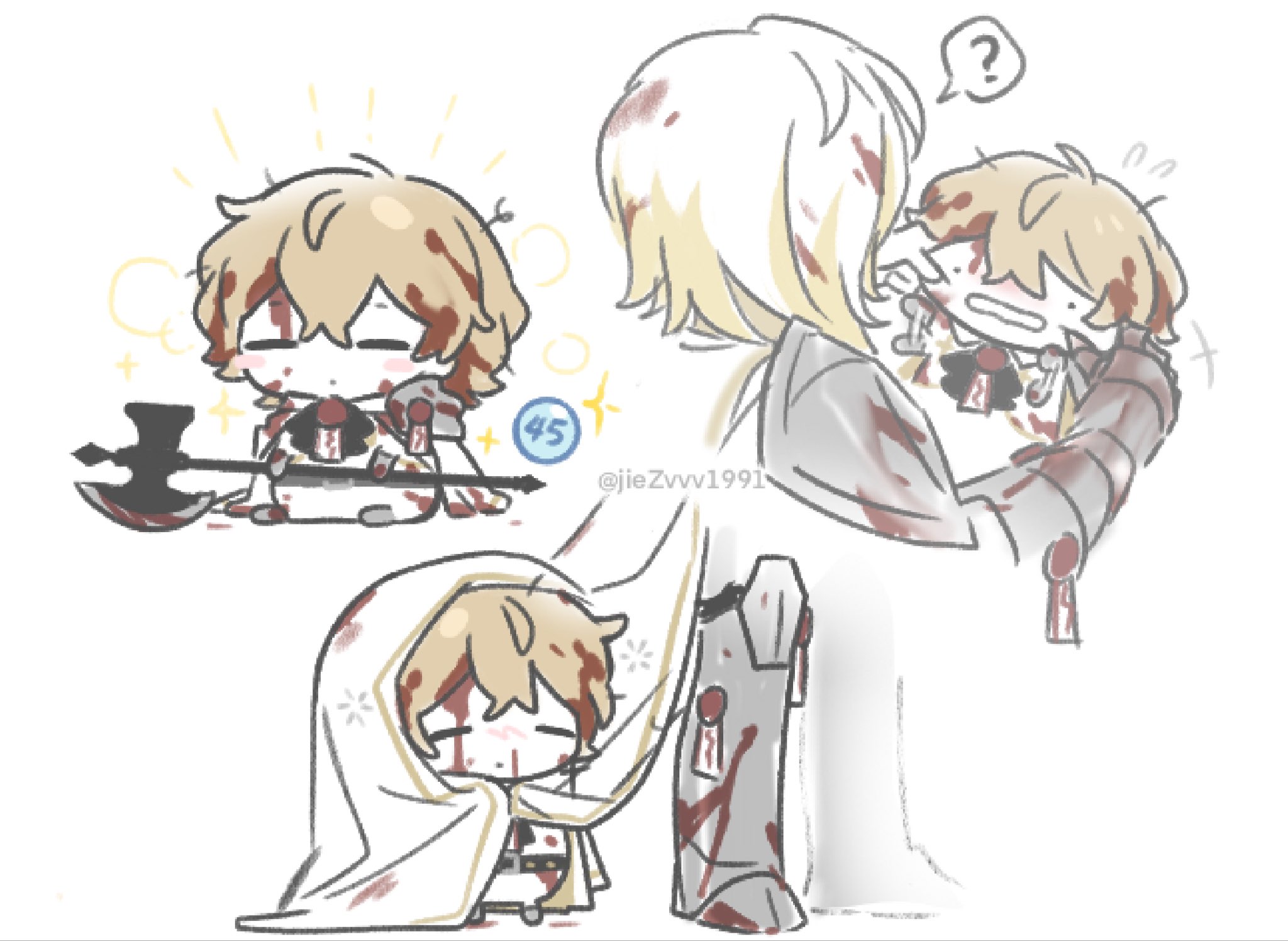 ohzv, faust (project moon), sinclair (project moon), limbus company, project moon, highres, 1boy, 1girl, ?, armored boots, blonde hair, blonde streaks, blood, blood in hair, blood on clothes, blood on face, boots, chibi, gauntlets, jacket, n corp. fanatic (identity) (project moon), pants, short hair, simple background, wax seal, white background, white hair, white jacket, white pants