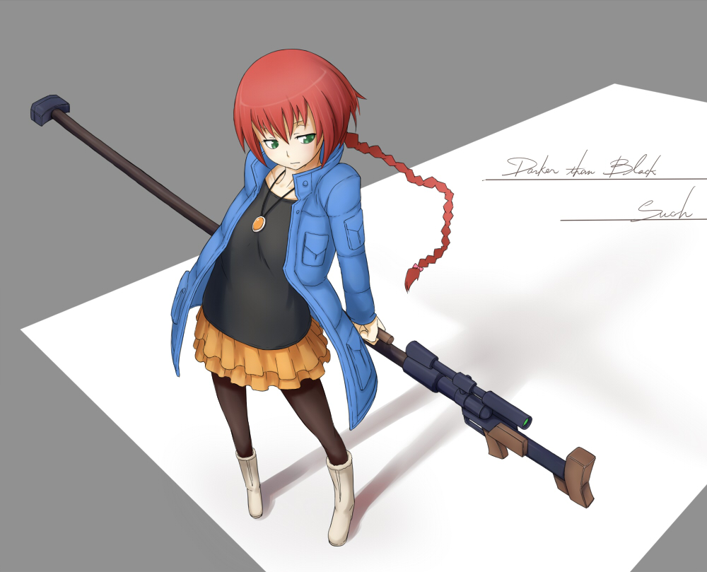 jaco, suou pavlichenko, darker than black, 00s, 1girl, anti-materiel rifle, bolt action, boots, braid, female focus, flat chest, green eyes, gun, jewelry, long hair, necklace, pantyhose, ptrd-41, red hair, rifle, skirt, sniper rifle, solo, weapon