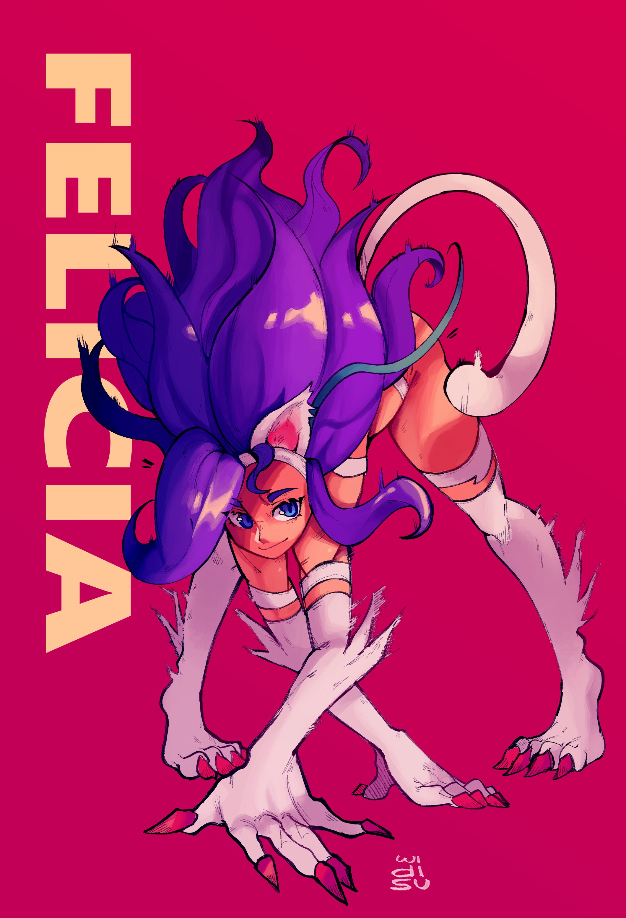 widisu, felicia (darkstalkers), darkstalkers, absurdres, highres, 1girl, all fours, animal ears, animal feet, animal hands, big hair, blue eyes, cat ears, cat girl, cat tail, character name, closed mouth, full body, long hair, looking at viewer, purple hair, red background, smile, solo, tail, white fur