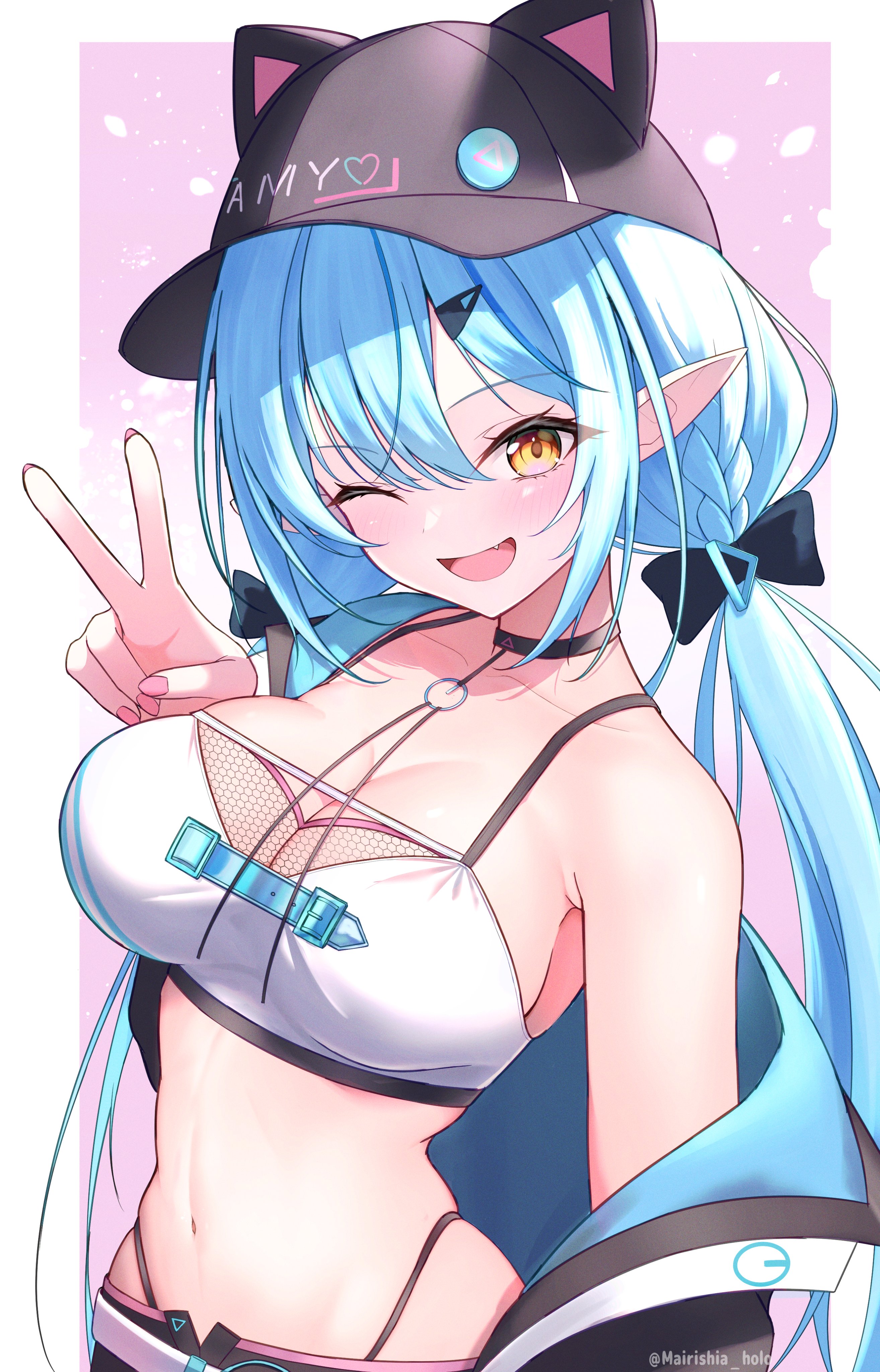 marishia holo, yukihana lamy, yukihana lamy (cyber), hololive, absurdres, commentary request, highres, 1girl, armpit crease, black jacket, blue hair, blush, bow, bra, breasts, cleavage, collarbone, elf, fingernails, hair between eyes, hair bow, jacket, large breasts, long hair, looking at viewer, low twintails, nail polish, navel, one eye closed, open mouth, parted lips, pink nails, pointy ears, single bare shoulder, single off shoulder, smile, solo, stomach, twintails, underwear, upper body, v, virtual youtuber, white bra, yellow eyes