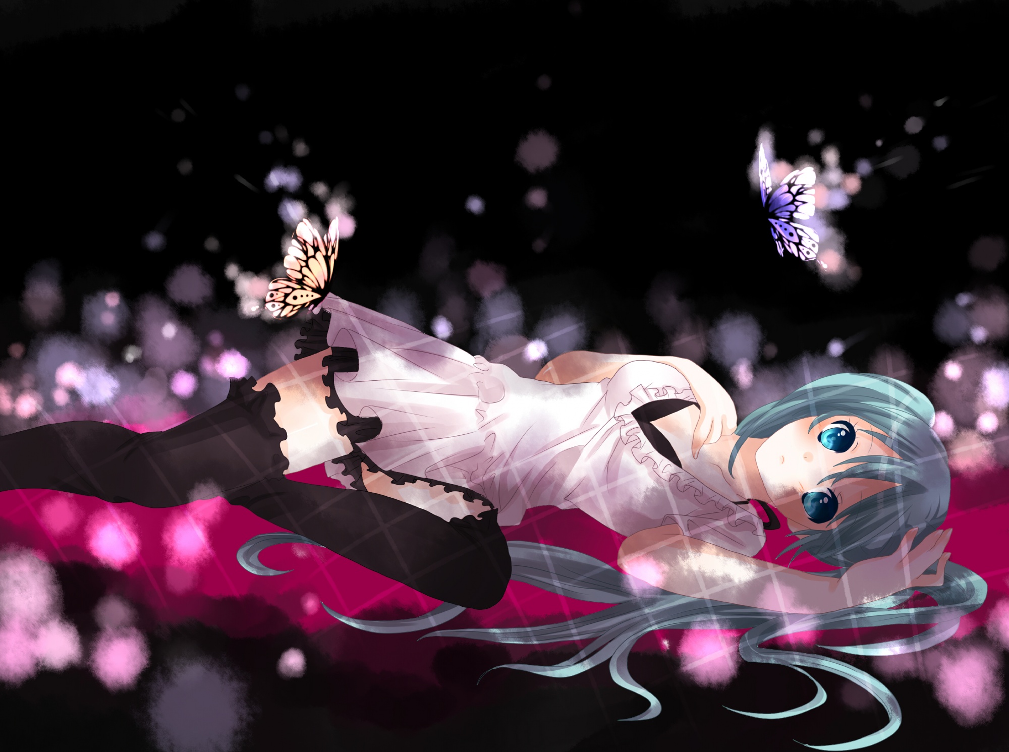 hatsune miku, vocaloid, world is mine (vocaloid), highres, third-party source, 1girl, aqua eyes, aqua hair, black thighhighs, blush, bug, butterfly, female focus, hand on own chest, insect, long hair, lying, solo, thighhighs, twintails, zettai ryouiki