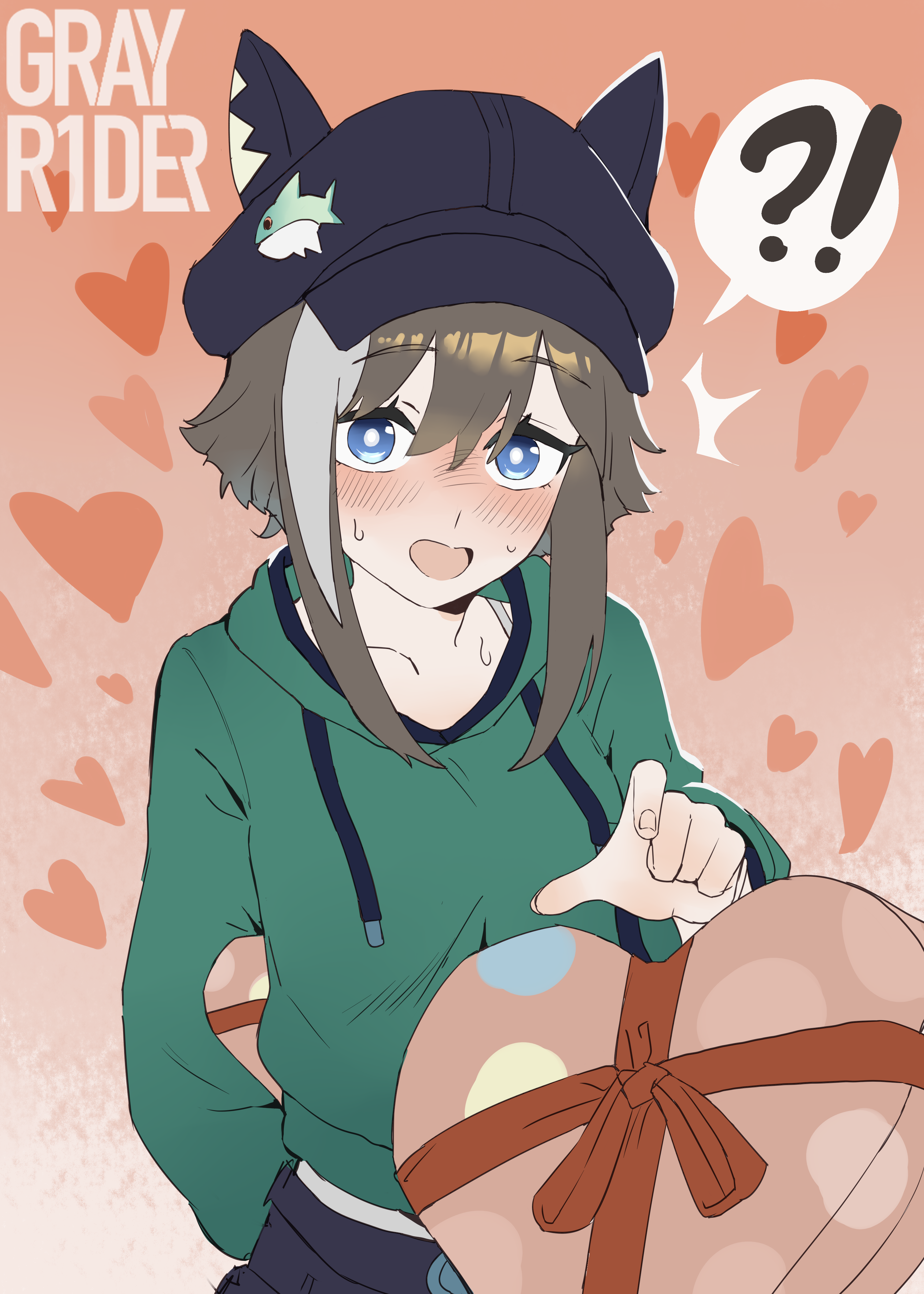 cheval grand (umamusume), umamusume, absurdres, commentary request, highres, !?, 1girl, black hair, black pants, blue eyes, blush, box, brown hair, drawstring, emphasis lines, flustered, gift, gift box, green hoodie, hair between eyes, hat, hood, hood down, hoodie, long sleeves, mozzleq77804, newsboy cap, pants, pov, short hair, solo, spoken interrobang, sweatdrop, valentine, white hair