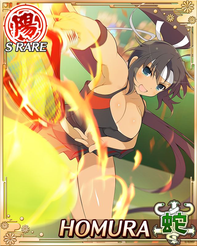 homura (senran kagura), senran kagura, senran kagura new wave, game cg, official art, third-party source, :d, aqua eyes, ball, black hair, border, breasts, card (medium), character name, cleavage, dark-skinned female, dark skin, flaming ball, hair tie, headband, high ponytail, holding, holding racket, holding tennis racket, large breasts, long hair, looking at viewer, open mouth, playing sports, ponytail, racket, ribbon, smile, sportswear, tan, tanline, tennis, tennis ball, tennis court, tennis dress, tennis racket, tennis serve, tennis skirt, tennis uniform, very long hair, white headband, white ribbon