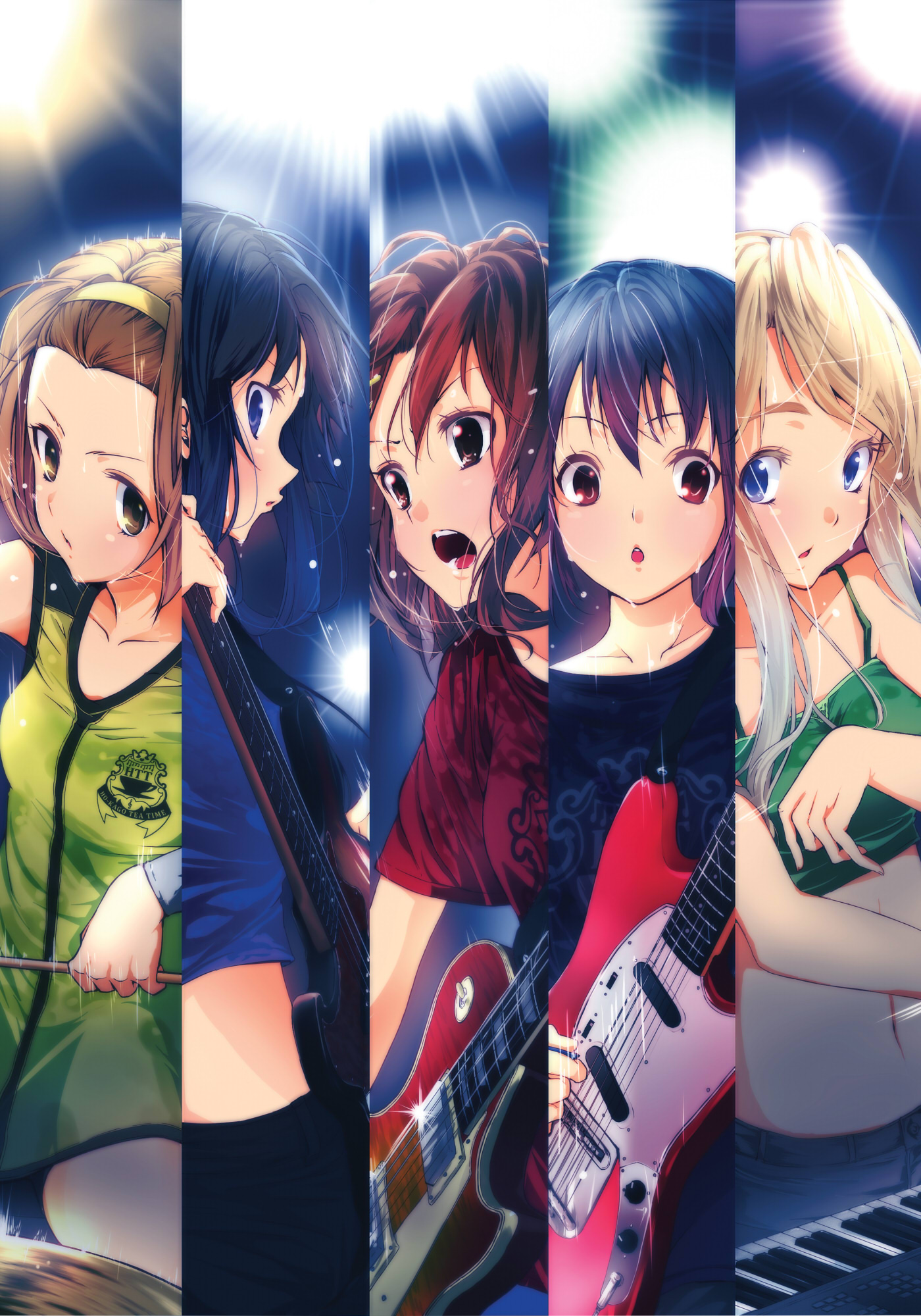 nishiuri warito, akiyama mio, hirasawa yui, kotobuki tsumugi, nakano azusa, tainaka ritsu, gibson, k-on!, bad id, bad pixiv id, highres, 5girls, bass guitar, casual, column lineup, cymbals, drumsticks, electric guitar, fender (company), fender jazz bass, fender mustang, gibson les paul, guitar, hairband, ho-kago tea time, instrument, keyboard (instrument), multiple girls, mustang, sweat