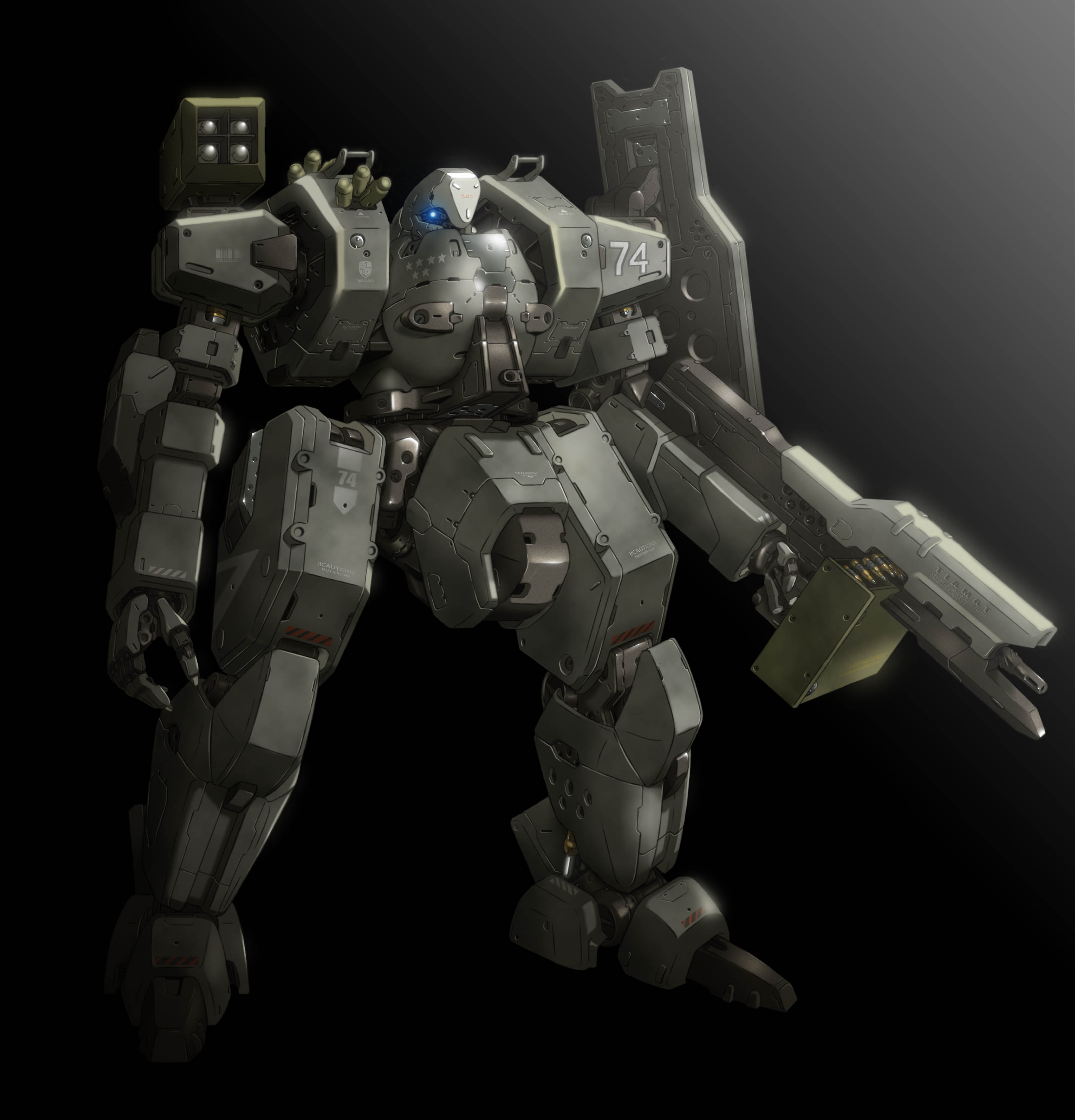 banjoo, front mission, absurdres, highres, holding, holding weapon, mecha, no humans, robot, shield, standing, weapon