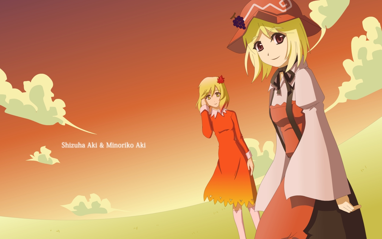 kagi, aki minoriko, aki shizuha, touhou, panorama, 2girls, cloud, female focus, field, multiple girls, outdoors, siblings, sisters, sky, smile, standing, sunset