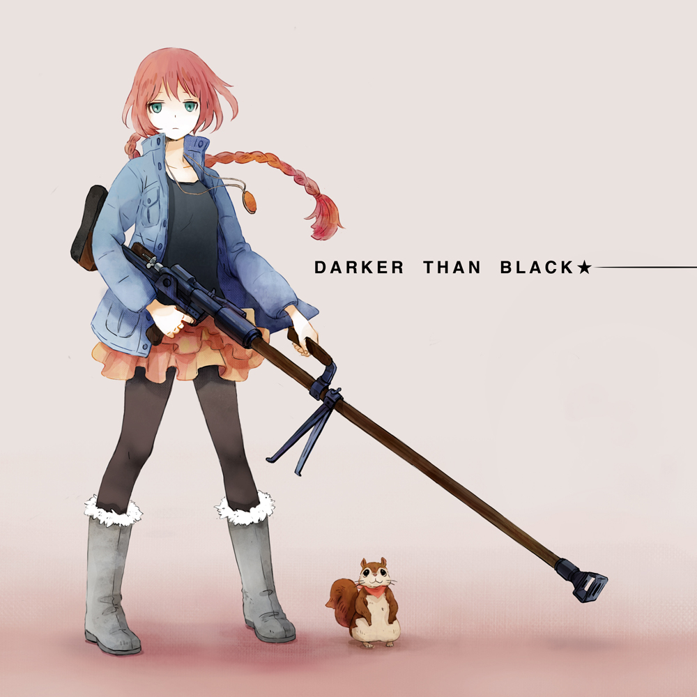 yuuko (nora0x0), petya, suou pavlichenko, darker than black, bad id, bad pixiv id, 00s, 1girl, anti-materiel rifle, bolt action, braid, female focus, green eyes, gun, jewelry, long hair, necklace, pantyhose, ptrd-41, red hair, rifle, skirt, sniper rifle, solo, squirrel, weapon, yuuko (artist)