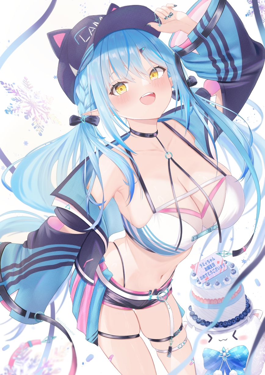kei (keiillustrator), yukihana lamy, yukihana lamy (cyber), hololive, commentary request, highres, 1girl, animal hat, asymmetrical legwear, baseball cap, belt, black choker, black hat, black jacket, black shorts, blue hair, braid, breasts, cat hat, choker, cleavage, elf, hair between eyes, hat, jacket, large breasts, long hair, long sleeves, looking at viewer, low twintails, navel, official alternate costume, open clothes, open jacket, open mouth, pointy ears, short shorts, shorts, side braids, solo, stomach, thigh strap, twintails, very long hair, virtual youtuber, white belt, yellow eyes