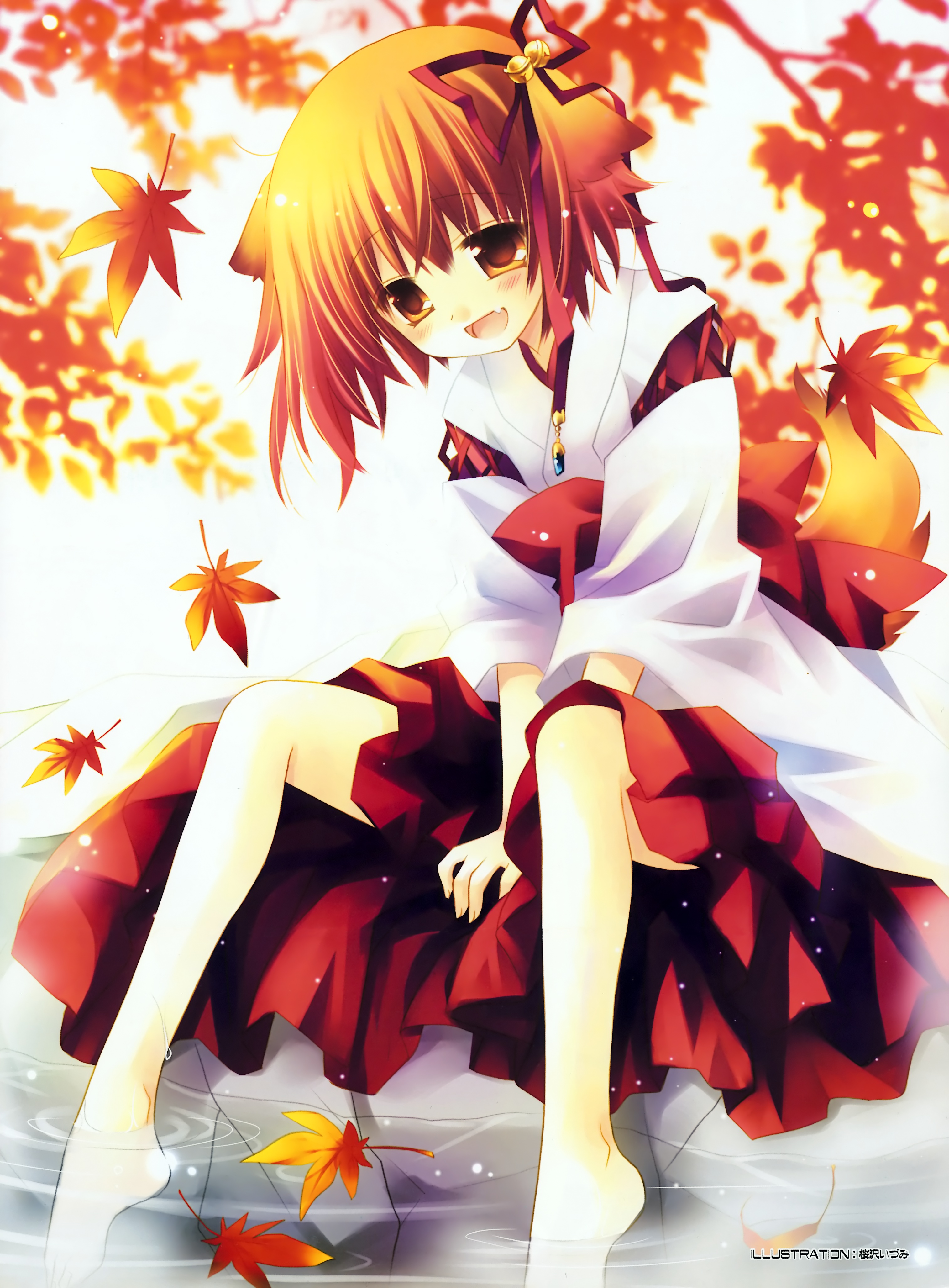sakurazawa izumi, original, absurdres, highres, animal ears, barefoot, bell, blush, detached sleeves, dog ears, dog tail, fang, feet, flat chest, hair bell, hair ornament, hair ribbon, japanese clothes, jingle bell, leaf, legs, maple leaf, miko, orange eyes, orange hair, ribbon, sitting, soaking feet, tail, water