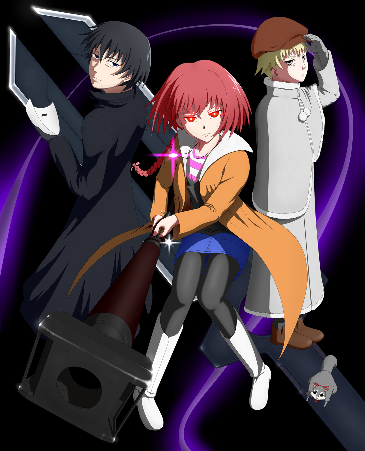 chokotto, hei (darker than black), july (darker than black), suou pavlichenko, darker than black, highres, 00s, 1girl, 2boys, anti-materiel rifle, black hair, blonde hair, bolt action, boots, braid, denim, denim skirt, green eyes, gun, jewelry, long hair, mask, multiple boys, necklace, pantyhose, pencil skirt, ptrd-41, red hair, rifle, skirt, sniper rifle, weapon