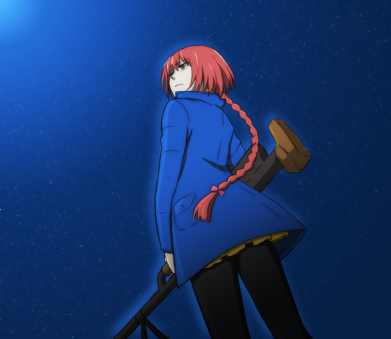momi2, momi (s4101), suou pavlichenko, darker than black, bad id, bad pixiv id, 00s, 1girl, anti-materiel rifle, bolt action, braid, female focus, green eyes, gun, long hair, night, pantyhose, ptrd-41, red hair, rifle, skirt, sniper rifle, solo, weapon