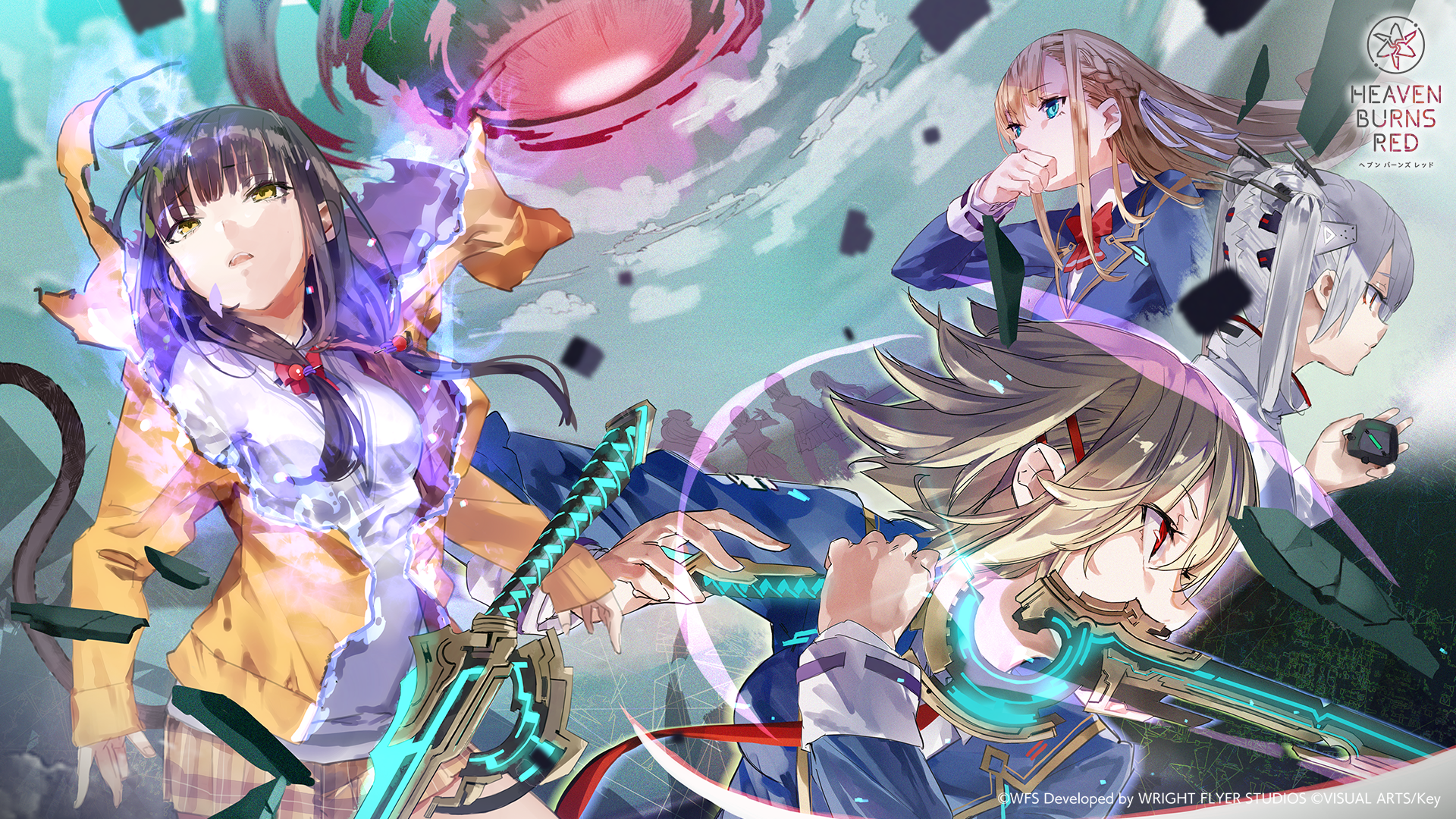 yuugen, asakura karen (heaven burns red), kayamori ruka, toujou tsukasa, yamawaki bon ivar, heaven burns red, commentary, highres, official art, 4girls, black hair, blazer, blonde hair, blue eyes, blue jacket, bow, braid, brown hair, cat tail, copyright name, grey hair, hair ornament, hair ribbon, hairclip, holding, holding sword, holding weapon, hood, hooded jacket, hoodie, jacket, long hair, long sleeves, mouth hold, multiple girls, red bow, red eyes, ribbon, school uniform, shirt, short hair, skirt, sword, tail, weapon, white shirt, yellow eyes, yellow jacket