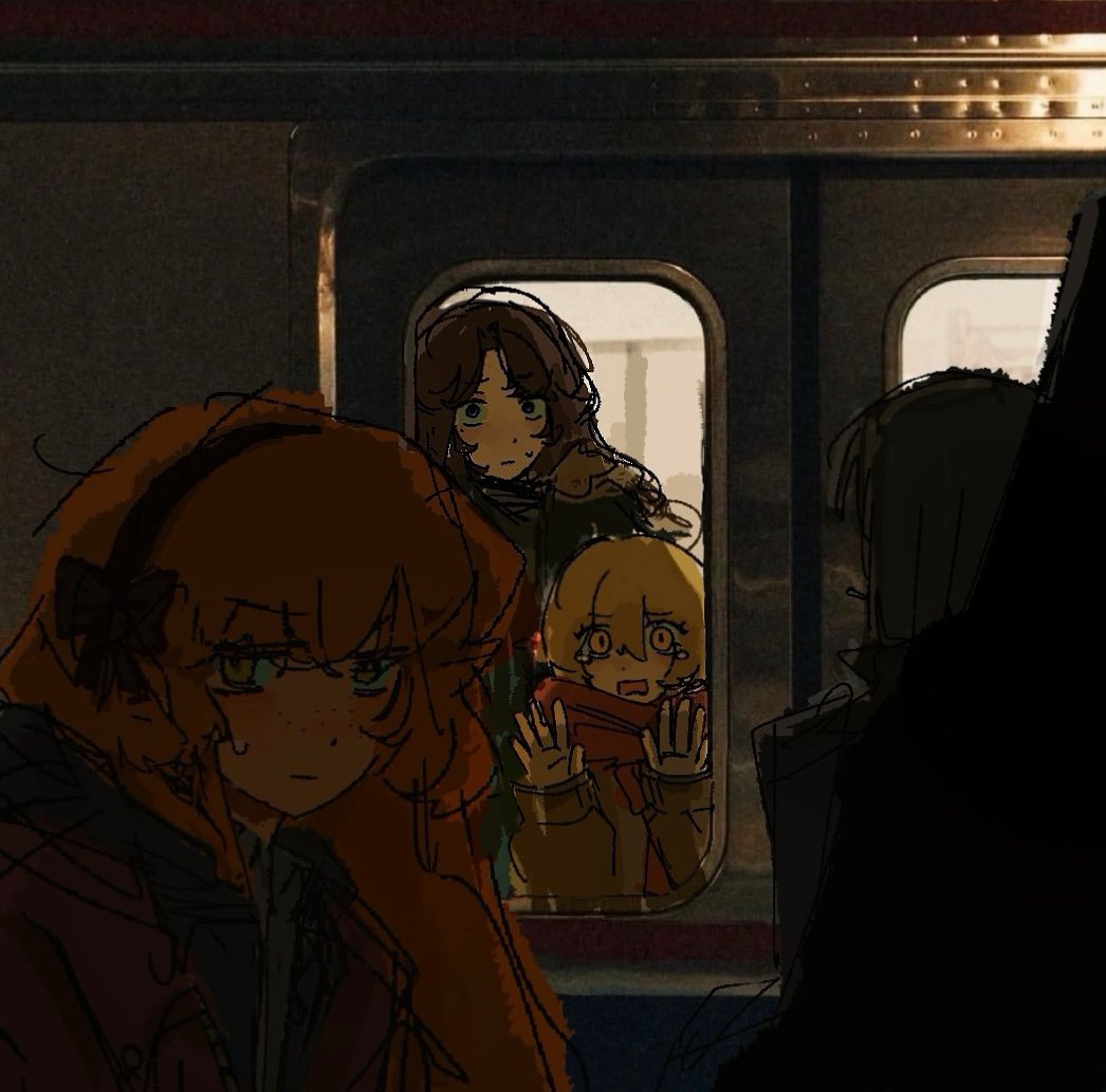 herbbbbby, don quixote (project moon), ishmael (project moon), rodion (project moon), ryoshu (project moon), limbus company, project moon, commentary, hashtag-only commentary, 4girls, black hair, blonde hair, blue eyes, bob cut, brown hairband, dark, freckles, green eyes, hairband, hands up, indoors, multiple girls, open mouth, red scarf, rope, scarf, short hair, sweat, train, wide-eyed, yellow eyes