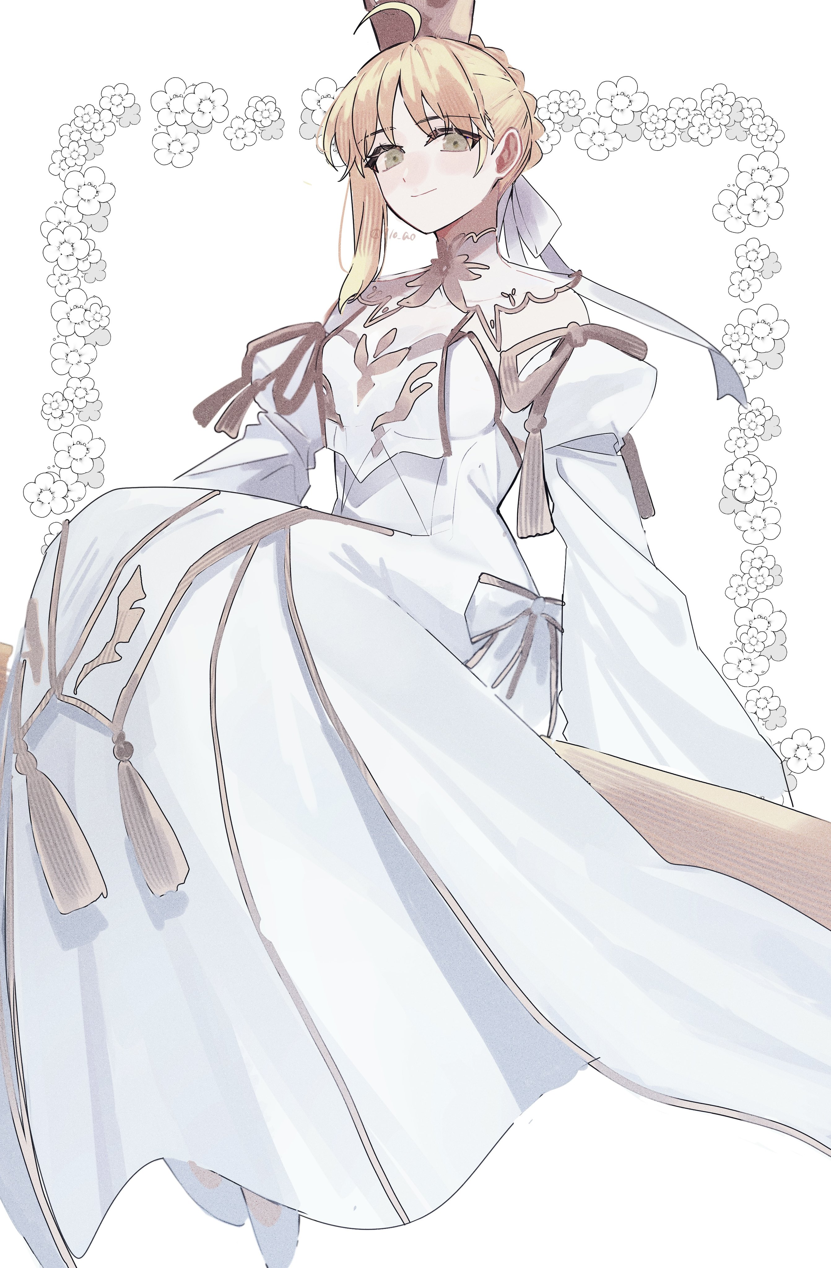 710 ao, artoria pendragon (fate), fate/grand order, fate (series), absurdres, highres, 1girl, ahoge, blonde hair, blush, breasts, crown, detached sleeves, dress, green eyes, looking at viewer, lord logres (fate), lord logres (second ascension) (fate), medium breasts, short hair, smile, solo, white dress