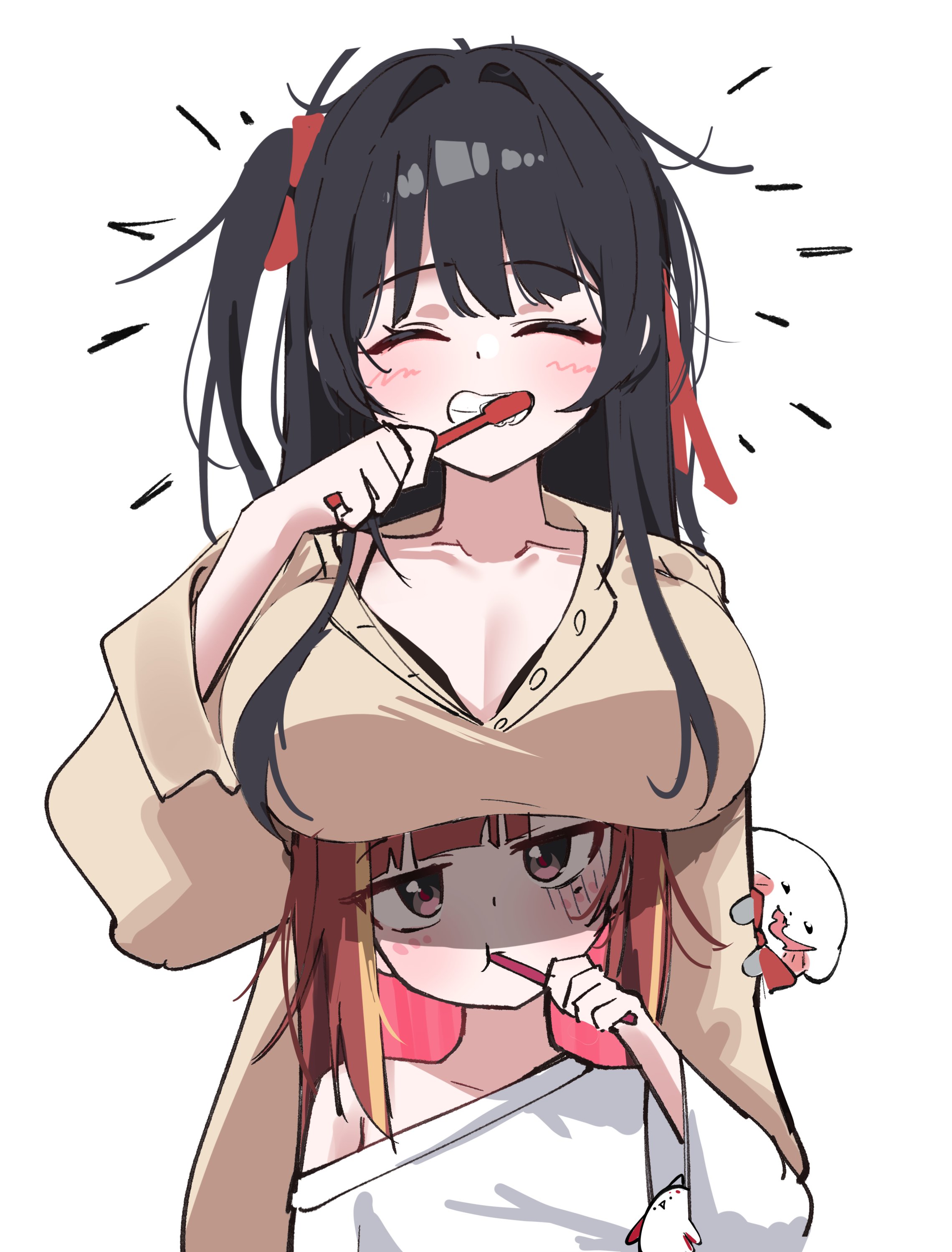 yeomhwauranyum, akane lize, shirayuki hina, stellive, absurdres, commentary request, highres, korean commentary, 2girls, ^ ^, black bra, black hair, bra, bra peek, breast rest, breasts, breasts on head, brown shirt, brushing teeth, choppy bangs, cleavage, closed eyes, grin, haedungi (shirayuki hina), hand up, holding, holding toothbrush, huge breasts, jitome, long hair, long sleeves, multicolored hair, multiple girls, off-shoulder shirt, off shoulder, pajamas, red hair, shirt, simple background, single bare shoulder, single off shoulder, smile, streaked hair, toothbrush, toothbrush in mouth, unamused, underwear, virtual youtuber, white background, white shirt