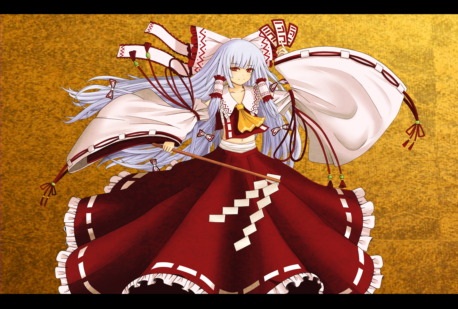 mizutama (11341737), fujiwara no mokou, hakurei reimu, touhou, silver hair, highres, 1girl, bow, cosplay, detached sleeves, female focus, gohei, hair bow, hair ribbon, hakurei reimu (cosplay), japanese clothes, letterboxed, long hair, miko, multiple hair bows, red eyes, ribbon, sarashi, solo