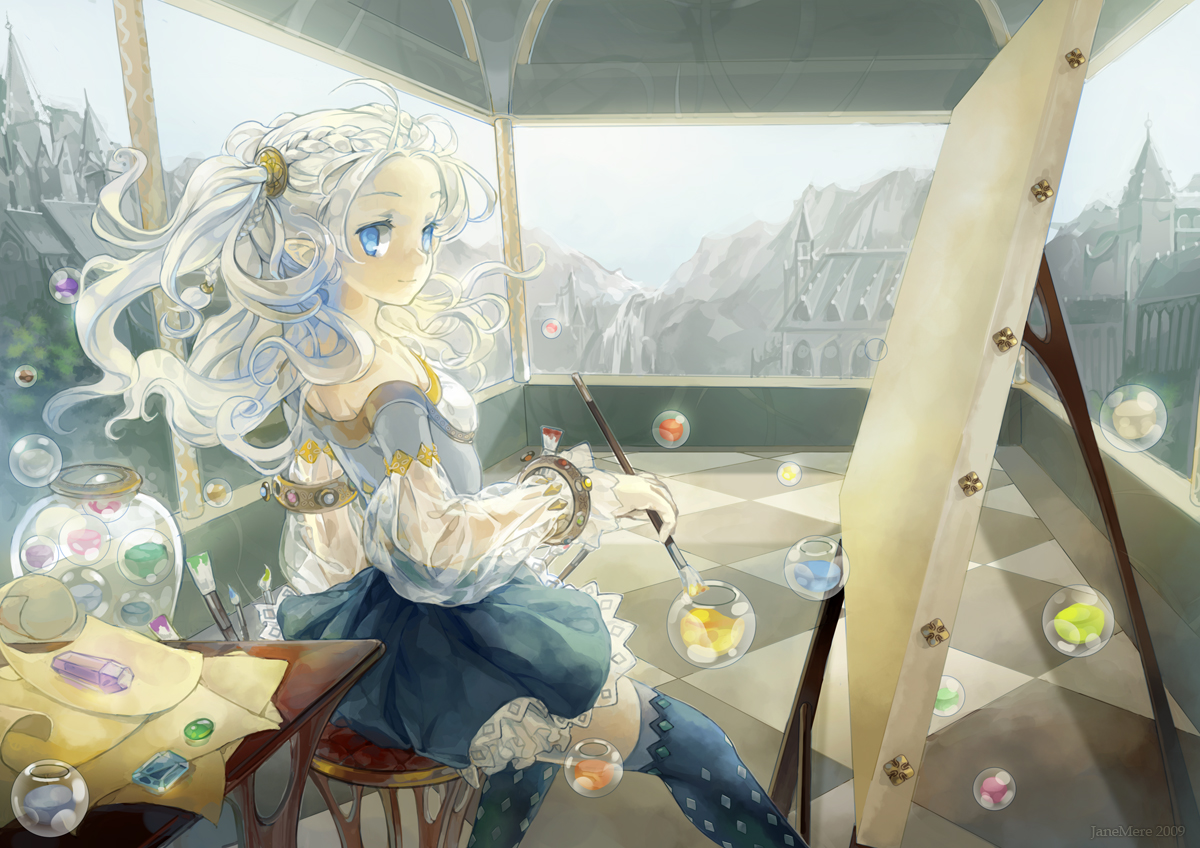 jane mere, oekaki musume, original, 1girl, art brush, bare shoulders, blue eyes, braid, canvas (object), crystal, dress, easel, elf, female focus, long hair, paintbrush, painting (action), pale color, pointy ears, scenery, see-through clothes, sitting, skirt, solo, surreal, thighhighs, twintails, white hair, zettai ryouiki