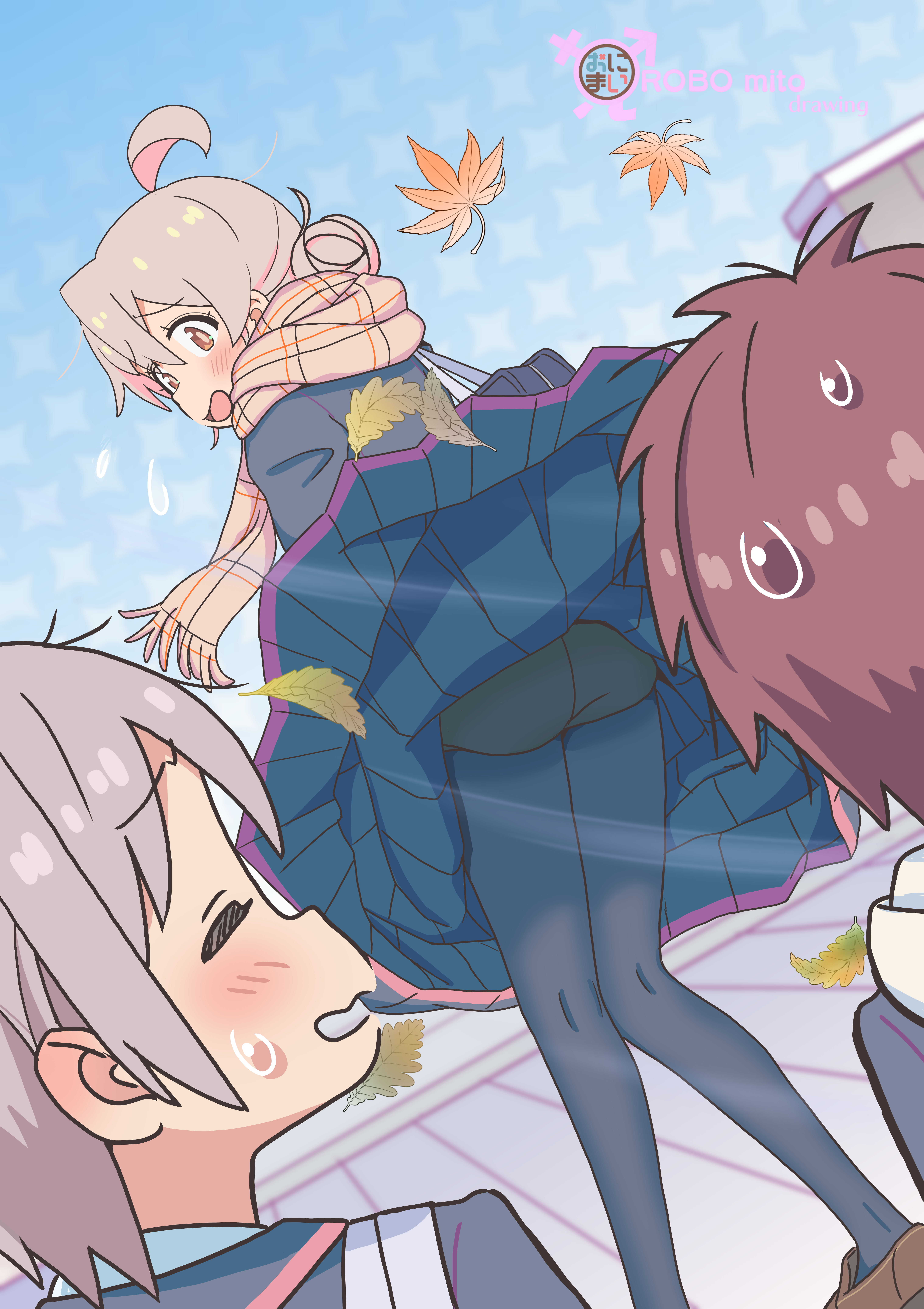 robomito, oyama mahiro, sakurada yuuta, senkawa minato, onii-chan wa oshimai!, absurdres, commentary, highres, 1girl, 2boys, ahoge, artist name, autumn leaves, bag, black pantyhose, blush, brown eyes, brown hair, brown shoes, closed eyes, clothes lift, copyright name, day, flying sweatdrops, from behind, grey hair, hair between eyes, hair bun, leaf, loafers, long skirt, looking back, male-female symbol, multiple boys, open mouth, outdoors, pantyhose, pink hair, plaid clothes, plaid scarf, pleated skirt, scarf, school bag, school uniform, shoes, skirt, skirt lift, sweatdrop, upskirt, wavy mouth, wind, wind lift, yotsuba university affiliated junior high school uniform