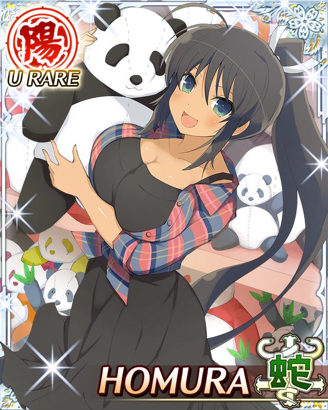 homura (senran kagura), senran kagura, senran kagura new wave, game cg, official art, third-party source, :d, aqua eyes, arm under breasts, black dress, black hair, blue shirt, border, breasts, card (medium), character name, cleavage, dark-skinned female, dark skin, dress, hair tie, high ponytail, holding, holding stuffed toy, large breasts, long hair, looking at viewer, open clothes, open mouth, open shirt, plaid clothes, plaid shirt, ponytail, red shirt, ribbon, shelf, shirt, smile, striped clothes, striped shirt, stuffed animal, stuffed panda, stuffed toy, tan, toy store, very long hair, white ribbon