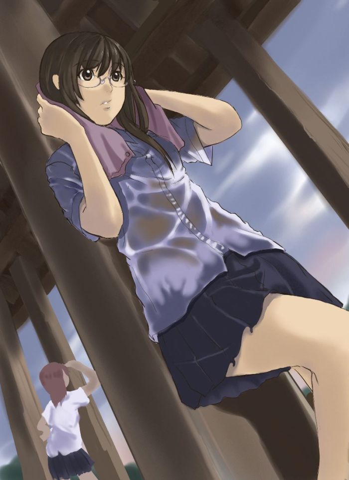 kagematsuri, bad id, bad pixiv id, brown eyes, brown hair, glasses, legs, long hair, round eyewear, school uniform, skirt, towel, wet, wet clothes