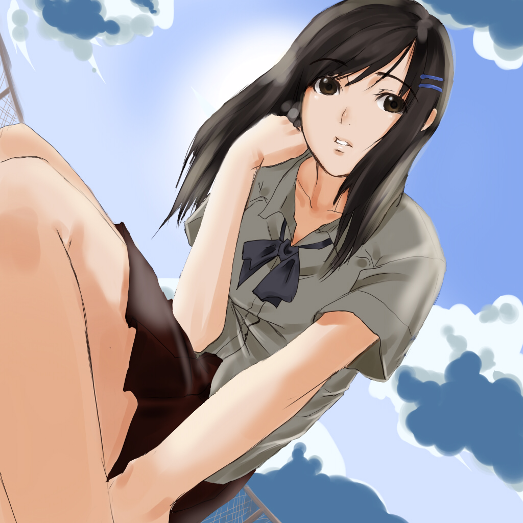 kagematsuri, original, bad id, bad pixiv id, 1girl, black hair, brown eyes, female focus, hair ornament, hairclip, kneeling, legs, long hair, school uniform, skirt, solo