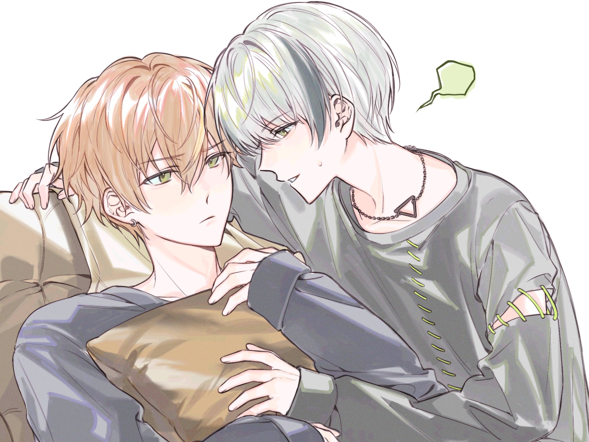 hinomori shiho, shinonome akito, project sekai, commentary, highres, 1boy, 1girl, androgynous, black hair, blonde hair, bloom festival (project sekai), closed mouth, green eyes, grey hair, hetero, hugging object, jewelry, long sleeves, looking at another, multicolored hair, necklace, nervous sweating, official alternate costume, official alternate hair length, official alternate hairstyle, orange hair, parted lips, pillow, pillow hug, short hair, simple background, streaked hair, sweat, two-tone hair, upper body, white background, yume (lumbarkmak)