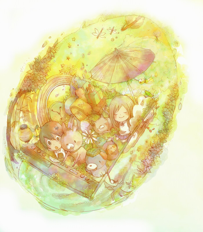 appi, original, bad id, bad pixiv id, 1boy, 1girl, bird, cat, flower, gift, oil-paper umbrella, rabbit, rainbow, school uniform, sleeping, time machine, umbrella