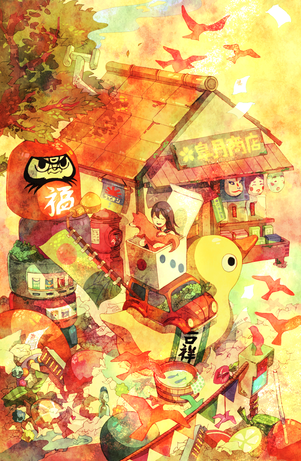 appi, original, highres, bird, colorful, daruma doll, dog, doll, fish, mask, rubber duck, solo