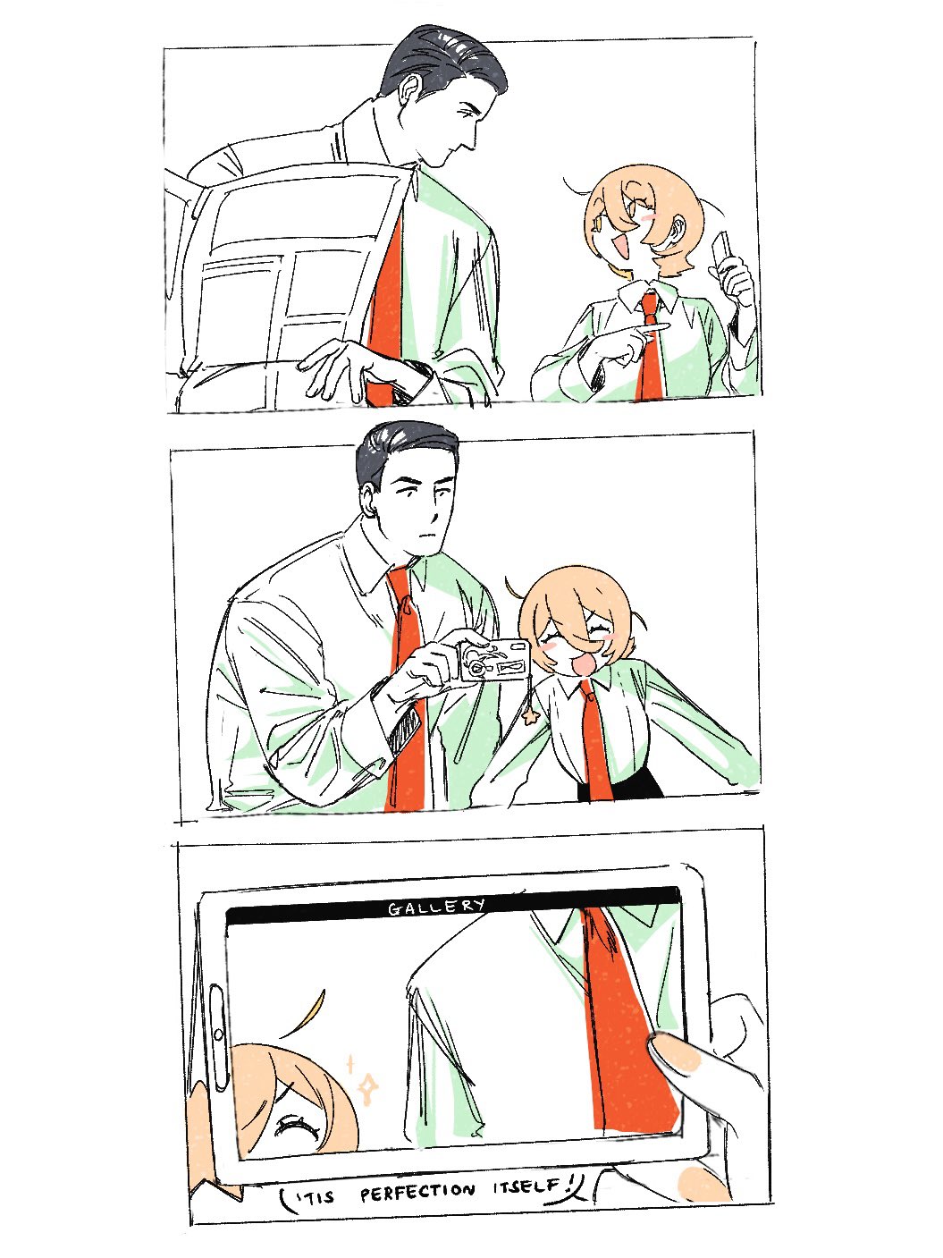 wenli, don quixote (project moon), meursault (project moon), limbus company, project moon, highres, 1boy, 1girl, ^ ^, black hair, blush, closed eyes, collared shirt, english text, failure, hair between eyes, holding, holding newspaper, long sleeves, necktie, newspaper, open mouth, red necktie, shirt, short hair, simple background, smile, white background, white shirt