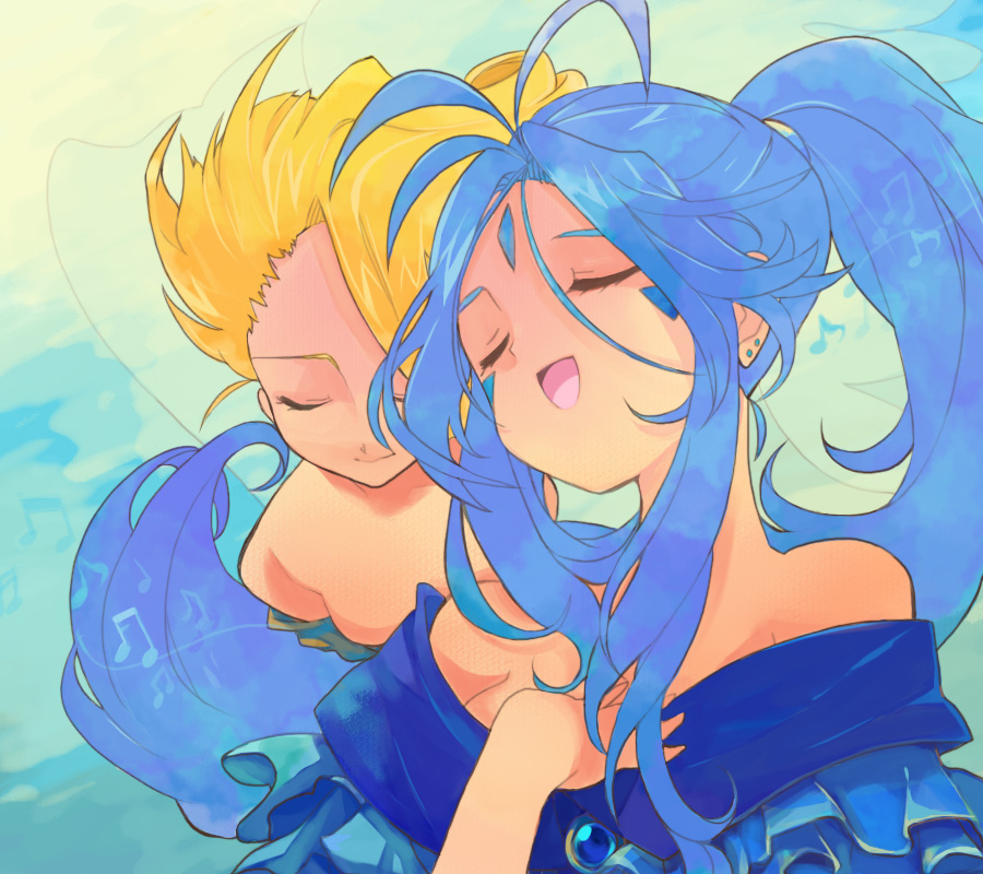 makino (sinobusan), belldandy, holy bell, aa megami-sama, bad id, bad pixiv id, 2girls, angel, bare shoulders, blonde hair, blue hair, closed eyes, facial mark, forehead mark, long hair, multiple girls, musical note