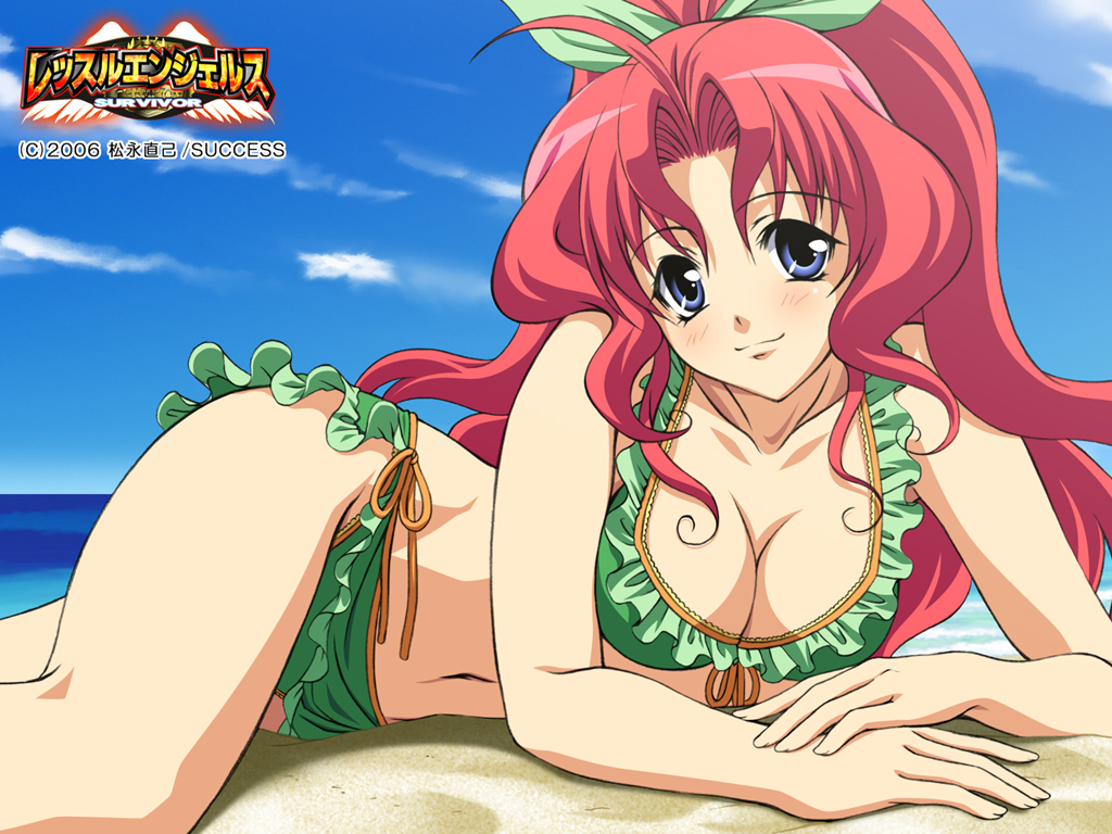 kojima satomi, wrestle angels, wrestle angels survivor, 1girl, ahoge, beach, bikini, blue eyes, blush, breasts, cleavage, day, female focus, frilled bikini, frills, front-tie top, green ribbon, hair ribbon, large breasts, long hair, lying, on side, outdoors, ponytail, red hair, ribbon, side-tie bikini bottom, sky, smile, solo, swimsuit