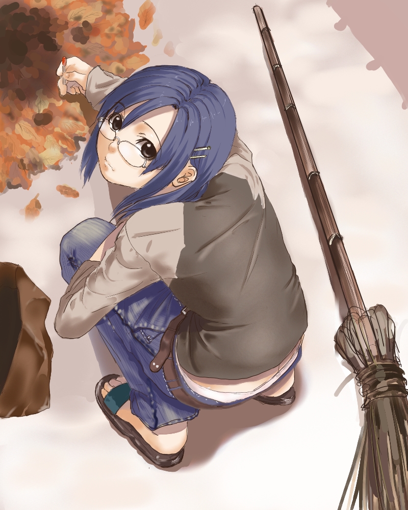 kagematsuri, original, bad id, bad pixiv id, 1girl, ass, blue hair, broom, butt crack, denim, female focus, from behind, glasses, hair ornament, hairclip, jeans, kneeling, leaf, looking back, matches, pants, raglan sleeves, sandals, short hair, solo, squatting