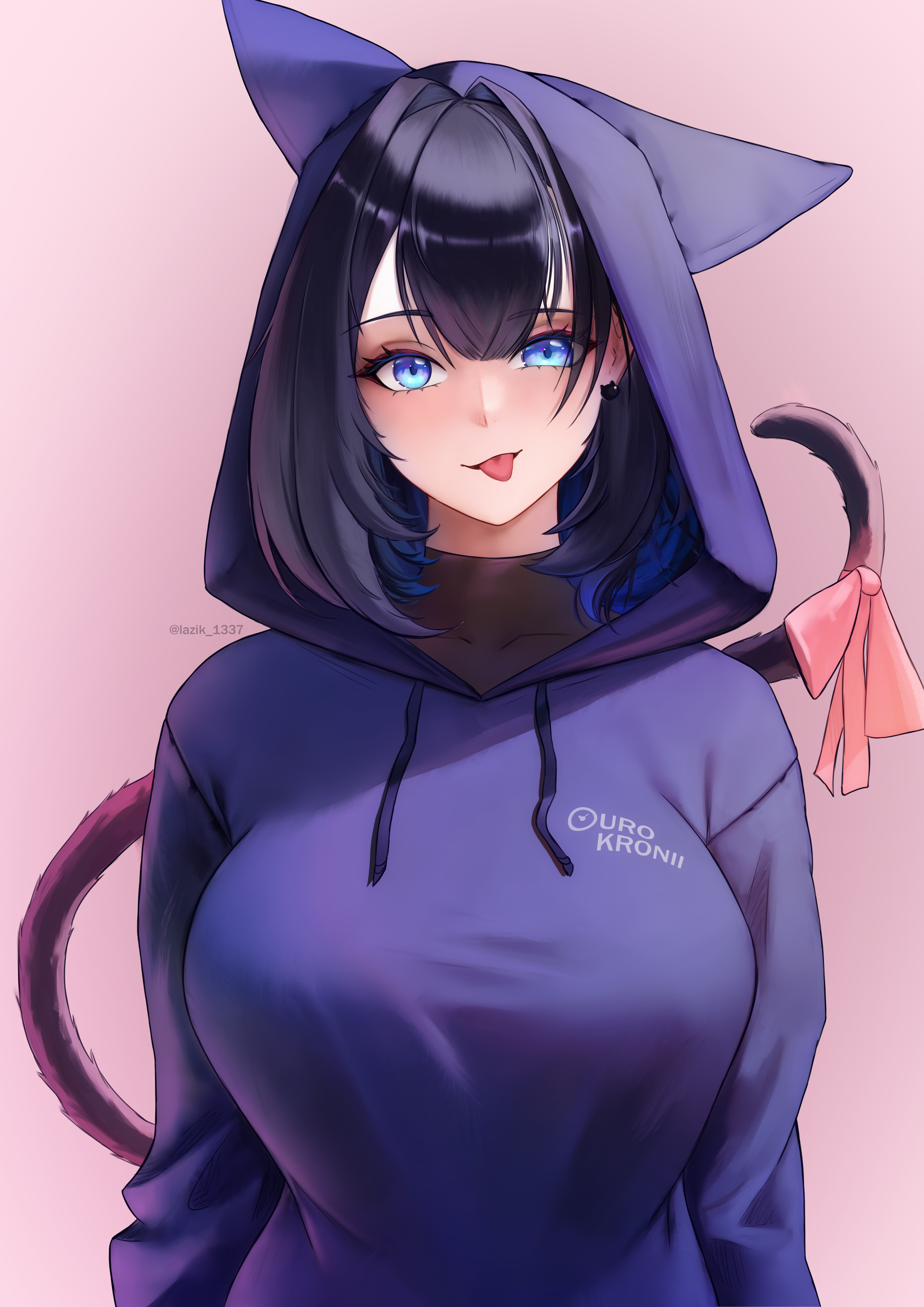 lazik 1337, ouro kronii, hololive, hololive english, absurdres, commentary, english commentary, highres, 1girl, :p, animal ears, animal hood, black hair, black shirt, blue eyes, blue hair, blue hoodie, bow, breasts, cat ears, cat girl, cat hood, cat tail, character name, colored inner hair, hair between eyes, hair intakes, hood, hood up, hoodie, large breasts, looking at viewer, multicolored hair, pink background, pink bow, shirt, short hair, simple background, solo, tail, tail bow, tail ornament, tongue, tongue out, turtleneck, upper body, virtual youtuber