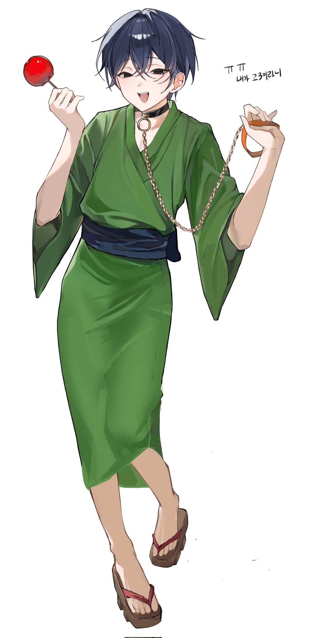 original, commentary, english commentary, highres, korean commentary, 1boy, :d, black choker, black eyes, blue hair, blue sash, brown sandals, candy apple, chain, chain leash, choker, food, full body, geta, green kimono, hair between eyes, hands up, happy new year, holding, holding candy apple, holding food, holding own leash, invisible floor, japanese clothes, kimono, leash, light blush, looking at viewer, male focus, new year, no pupils, no socks, o-ring, o-ring choker, open mouth, raised eyebrows, ramiml17, sandals, sash, short hair, simple background, smile, solo, standing, standing on one leg, teeth, three-quarter sleeves, upper teeth only, white background, wide sleeves