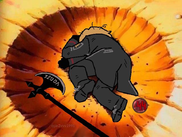 ohzv, sinclair (project moon), limbus company, project moon, chinese commentary, commentary request, 1boy, black coat, black gloves, black pants, black shoes, blonde hair, coat, crater, full body, gloves, halberd, meme, messy hair, pants, polearm, shoes, weapon, yamcha pose (meme)