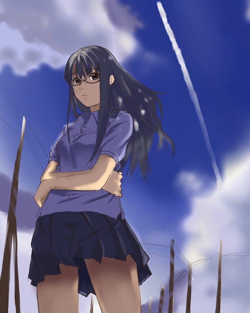 kagematsuri, original, bad id, bad pixiv id, 1girl, black hair, blouse, blue shirt, brown eyes, cloud, contrail, day, female focus, glasses, legs, long hair, round eyewear, school uniform, shirt, skirt, sky, solo