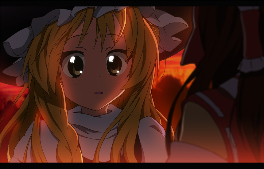 keeeesuke, hakurei reimu, kirisame marisa, touhou, light, bad id, bad pixiv id, 2girls, anime coloring, back, blonde hair, bloom, braid, brown eyes, brown hair, evening, female focus, letterboxed, multiple girls
