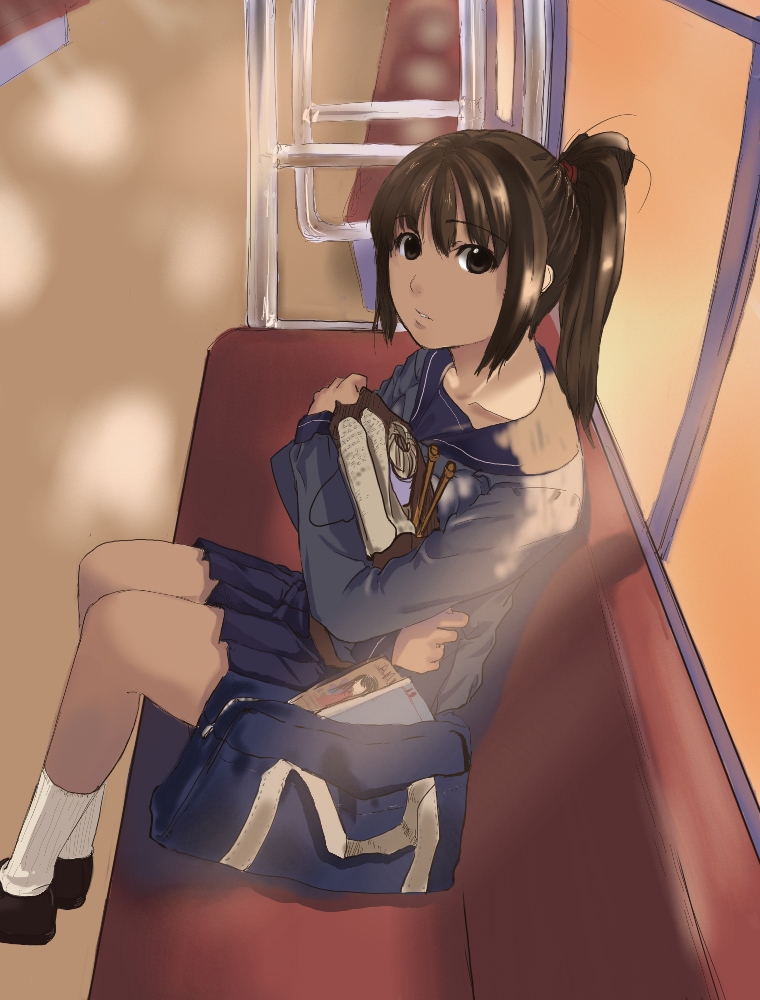 kagematsuri, original, bad id, bad pixiv id, 1girl, bag, brown eyes, brown hair, female focus, high ponytail, knitting needle, long hair, needle, ponytail, school uniform, sitting, skirt, solo, train, train interior