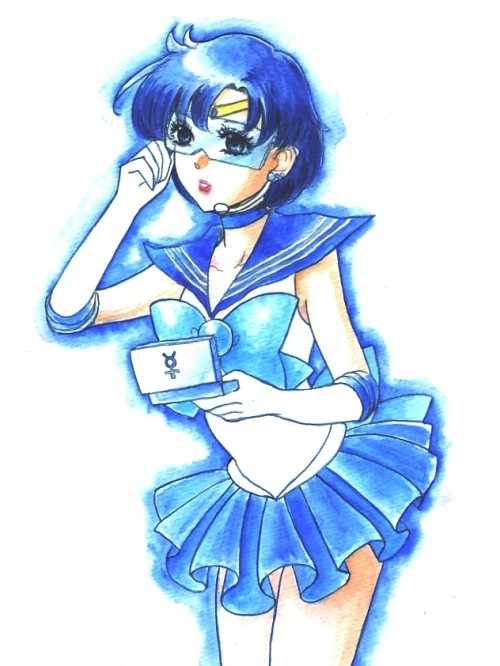 rabihiko, mizuno ami, sailor mercury, bishoujo senshi sailor moon, tokusatsu, visor, bad id, bad pixiv id, painting (medium), traditional media, watercolor (medium), 1990s (style), 1girl, blue eyes, blue hair, blue sailor collar, blue skirt, blue theme, female focus, goggles, headset, magical girl, matching hair/eyes, retro artstyle, ribbon, sailor, sailor collar, short hair, skirt, solo, tiara