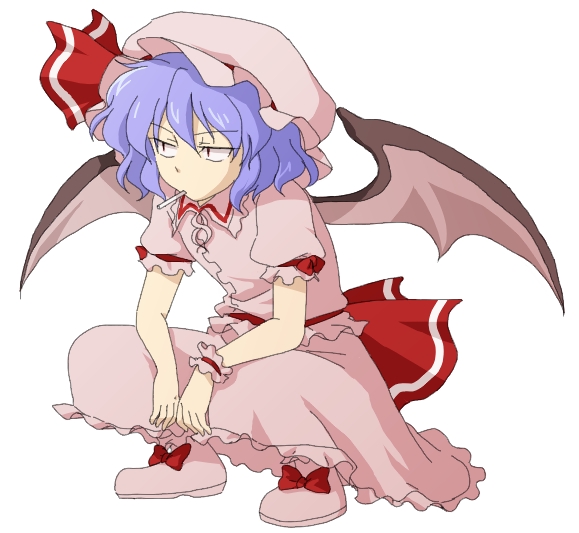 hanjuku tomato, remilia scarlet, touhou, 1girl, bat wings, blue hair, cigarette, female focus, hat, red eyes, short hair, sitting, slav squatting, solo, squatting, wings